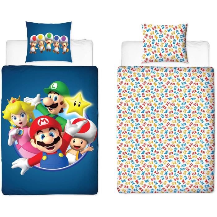 Parure de lit réversible - MARIO BROS - Mario et ses amis - Microfibre - 1 housse de couette 140 x 200 cm + 1 taie 63 x 63 cm
