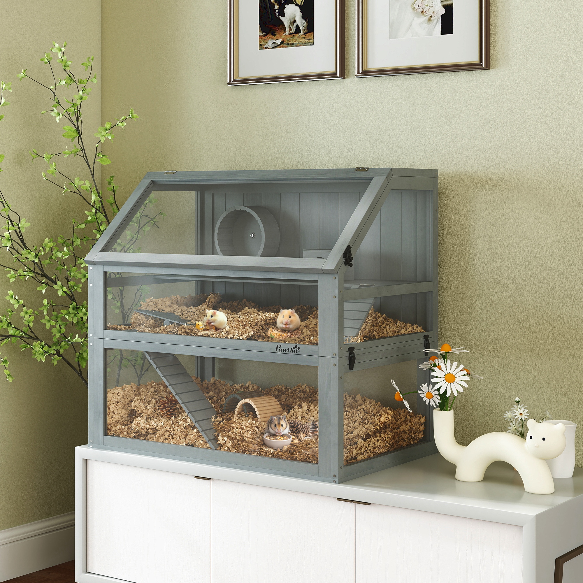 PawHut Hamsterkäfig aus Holz 3 Etagen mit Tiefem Untergeschoss für Hohe Ein günstig online kaufen