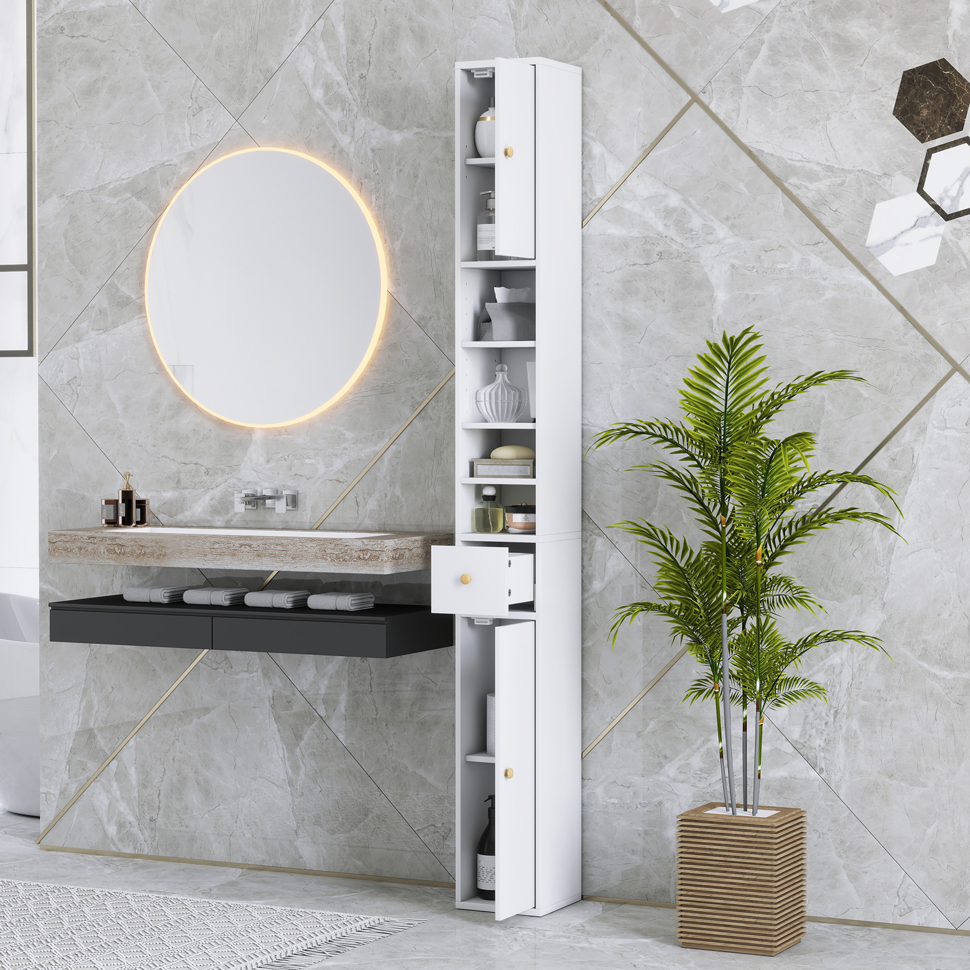  Dulap inalt Baie - Alb, Cu Sertar & Rafturi Deschise, 178 cm [7]