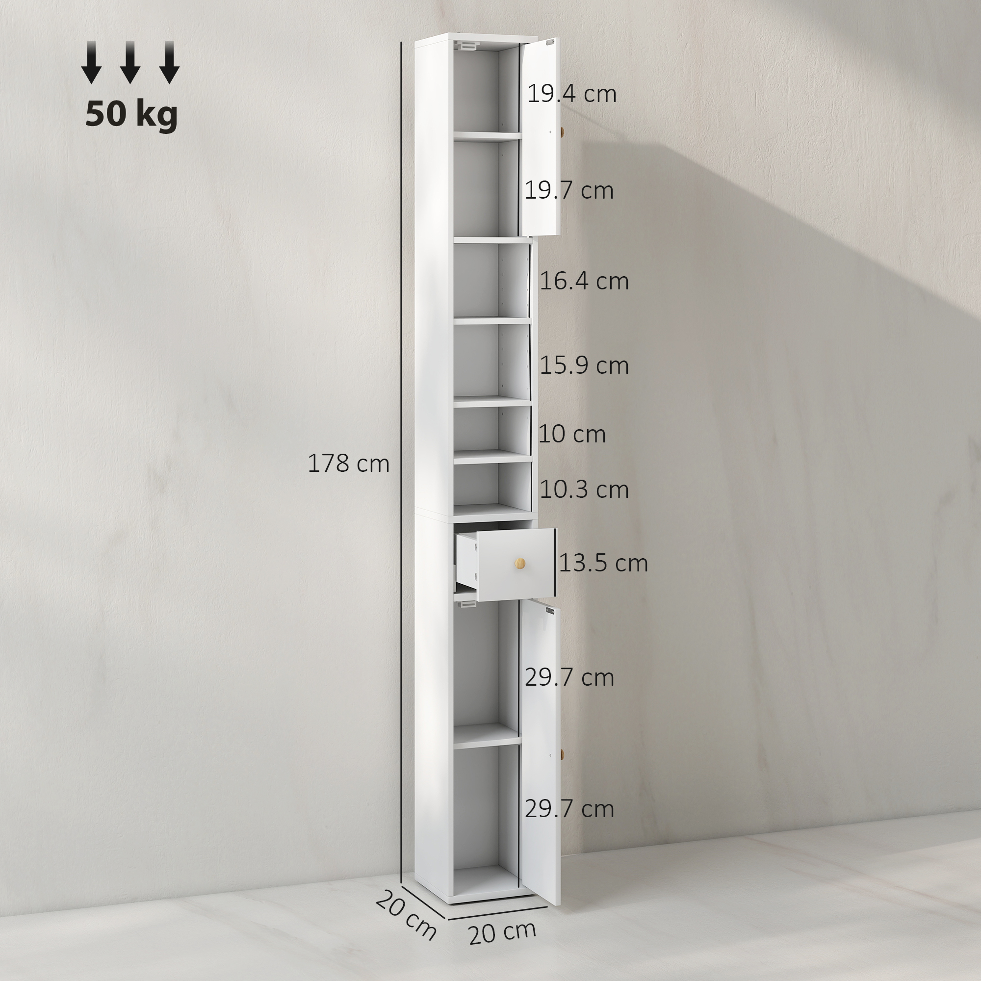  Dulap inalt Baie - Alb, Cu Sertar & Rafturi Deschise, 178 cm [2]
