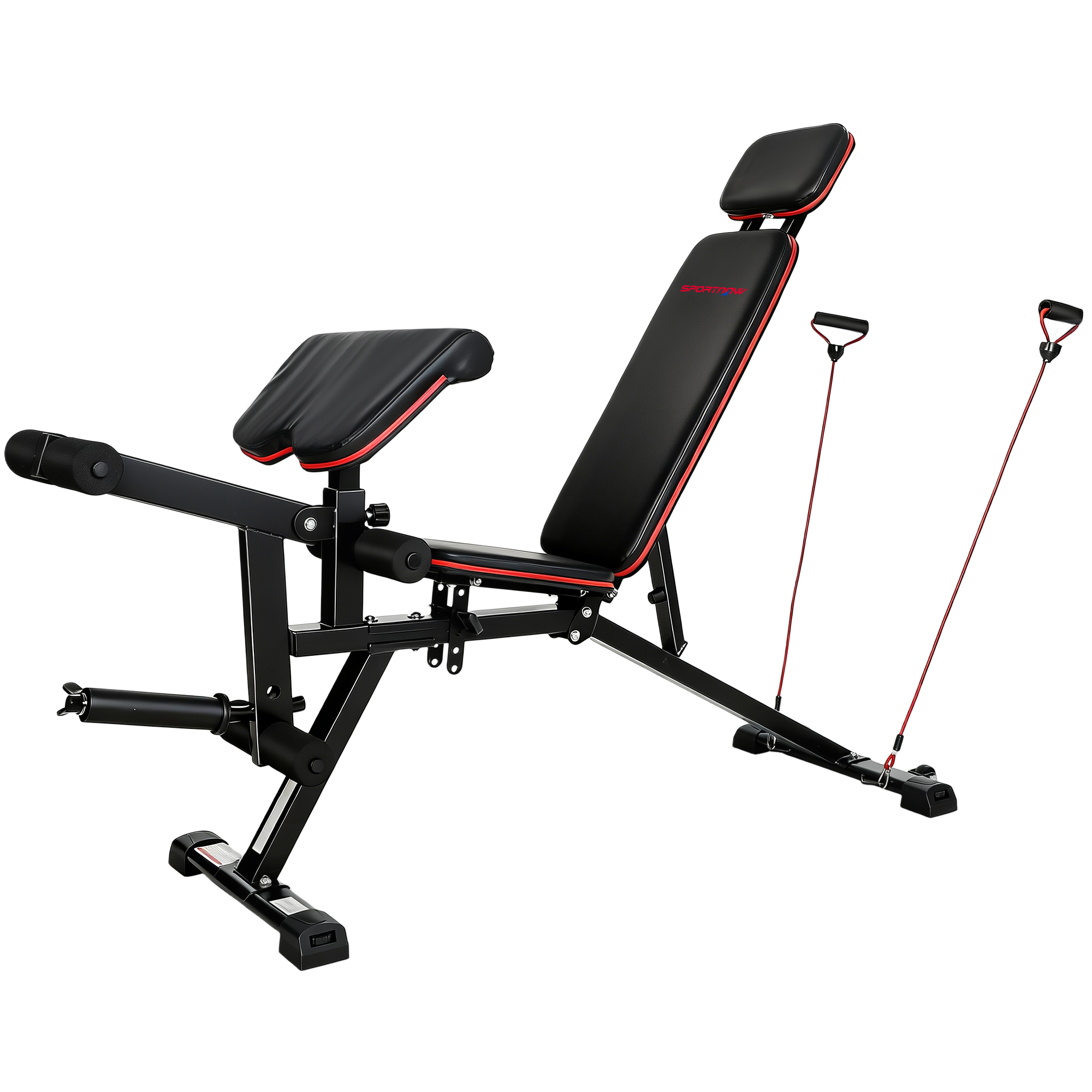 SPORTNOW Banc de musculation réglable jusqu'à 420 kg 3 en 1 Banc d'entraînement avec roulettes, extenseur de jambes, pupitre à curl, appui-tête, bandes de résistance