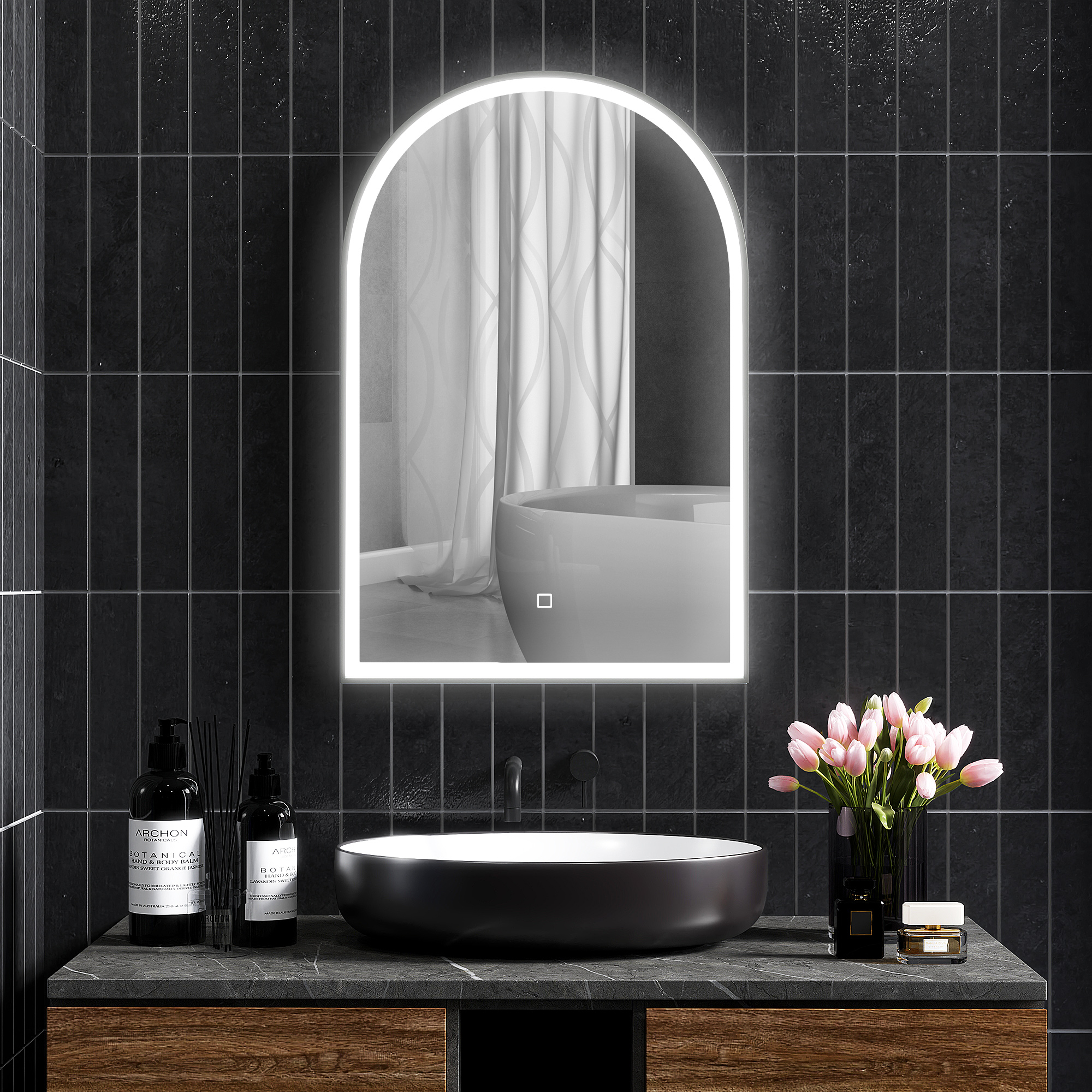 Miroir Salle De Bain LED Avec Anti-buée - 50x70cm, Cadre Noir Arqué - 3 Couleurs Lumière, Dimmable, Mémoire - IP44 - 5