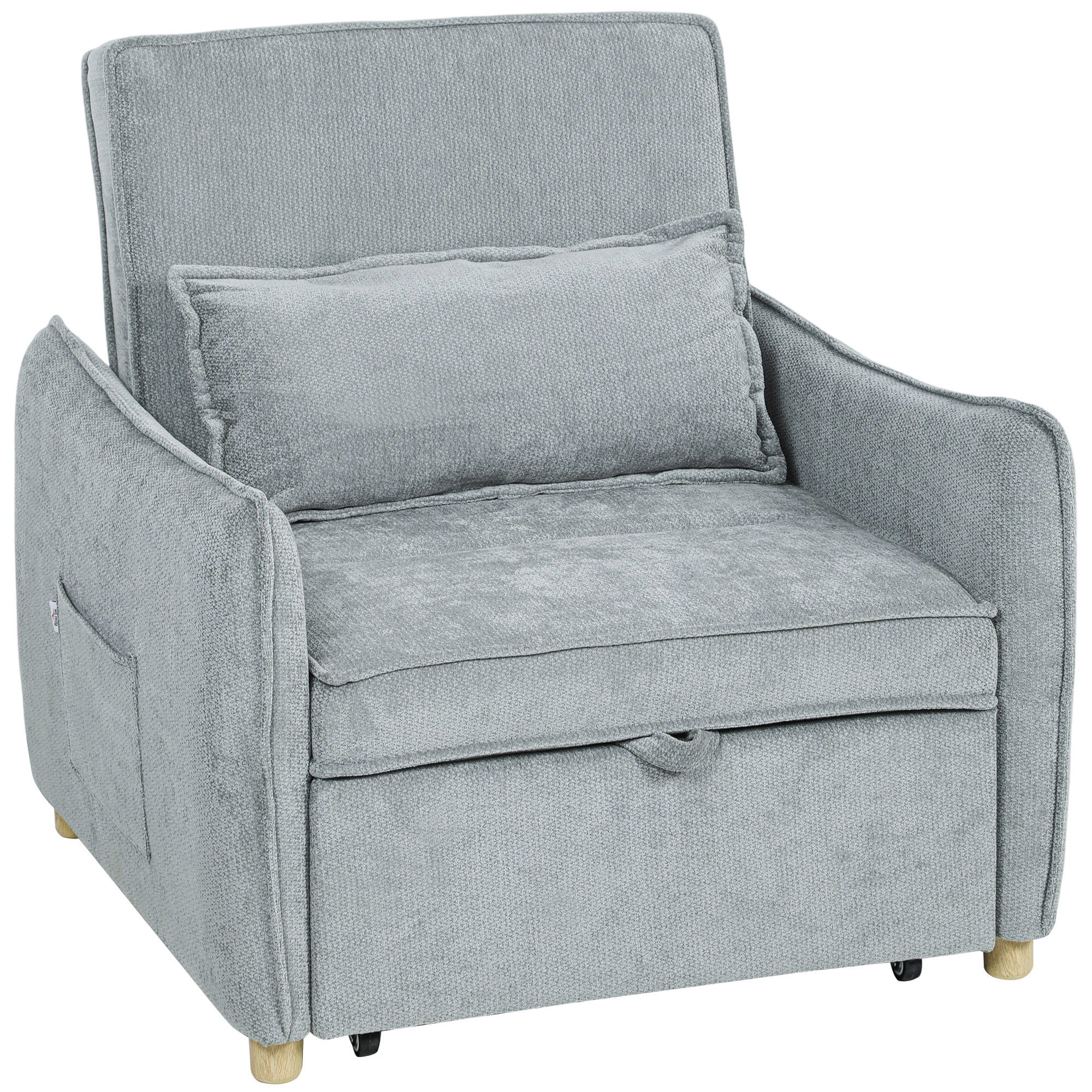HOMCOM Sillón convertible 1 plaza 3 en 1, sillón-cama clic-clac en chenilla, asiento amplio respaldo ajustable, 88x84x87cm, gris