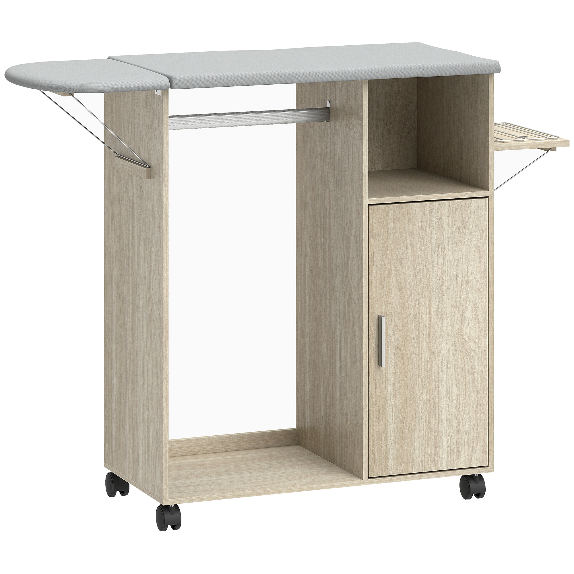 HOMCOM Mueble Tabla de Planchar con Superficie de Apoyo Efecto Lino, 3 Estantes a Cubo y Guía, 127x42.5x99 cm, Multicolor