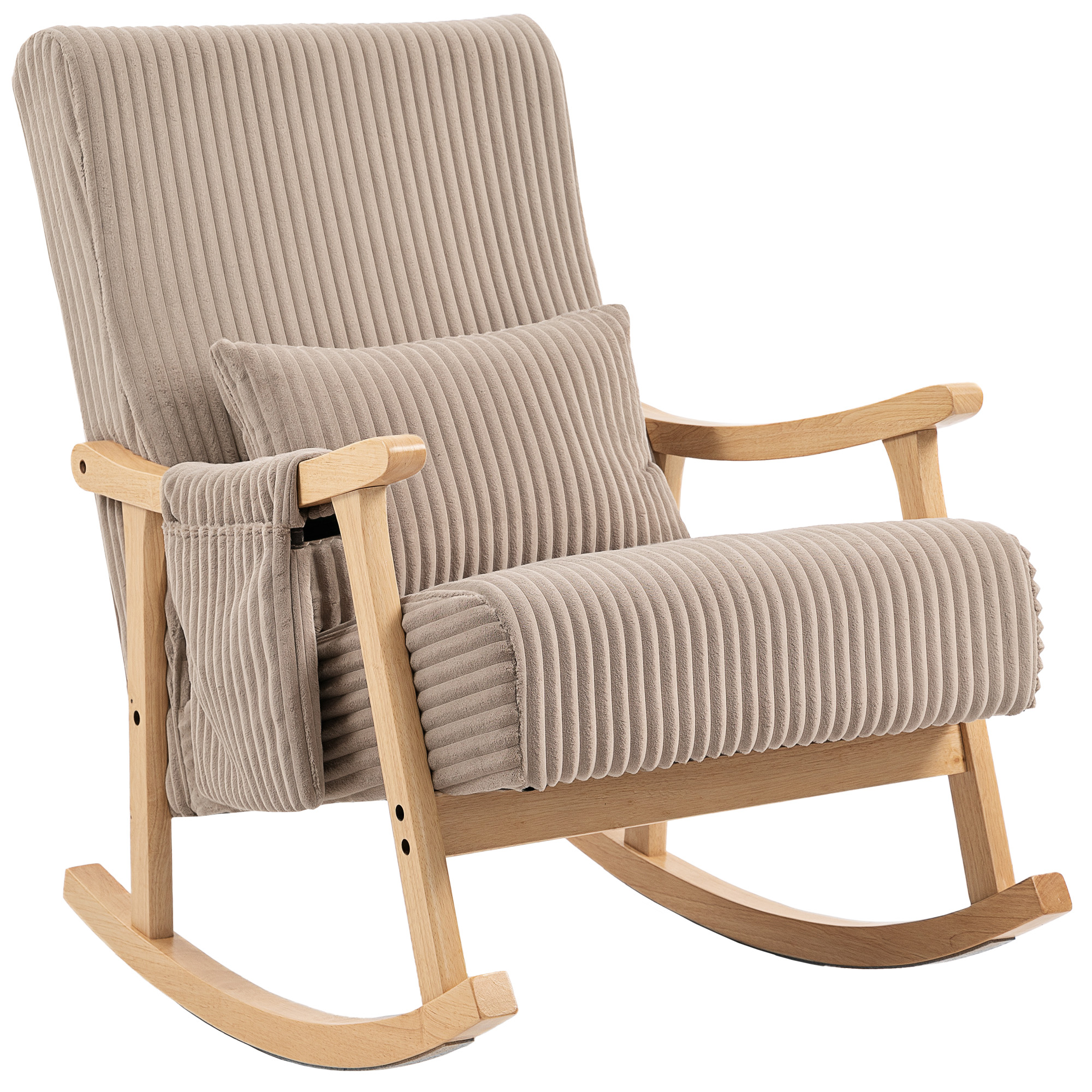 HOMCOM Silla Mecedora de Pana con Cojín Lumbar Patas y Reposabrazos de Madera de Caucho Bolsillo Estilo Moderno Marrón Claro