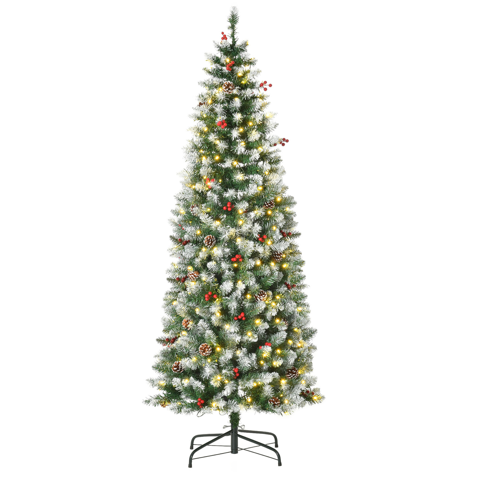 HOMCOM Árbol de Navidad Nevado Artificial 180 cm Luces LED y Ramas Ignífugas Decoraciones Incluidas Base Plegable Diám.65x180 cm Verde   Aosom España
