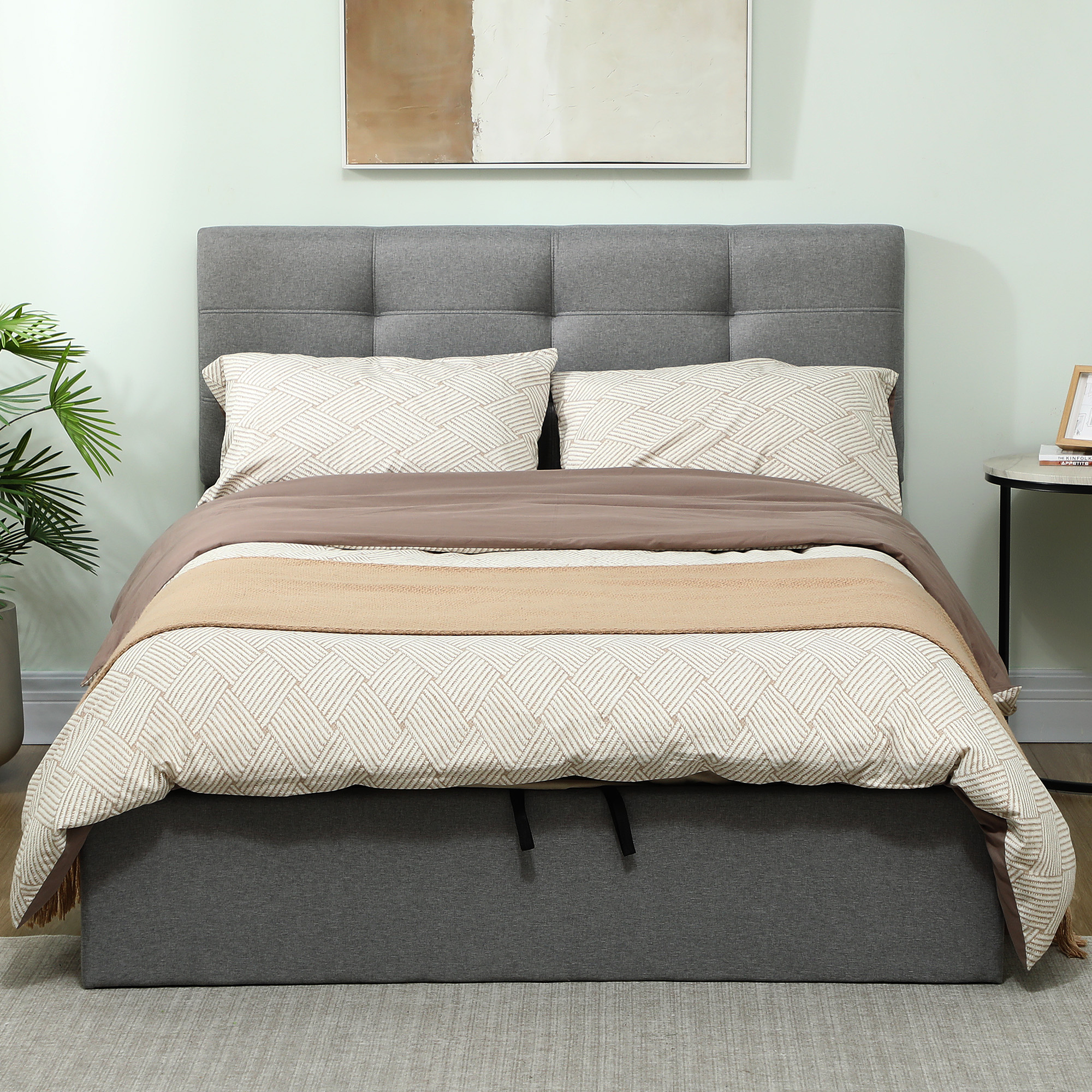 Lit Coffre Double 140x190 Cm – Avec Rangement Caché, Tête De Lit Capitonnée, Sommier Lattes Bois, Supporte 500 Kg, Gris