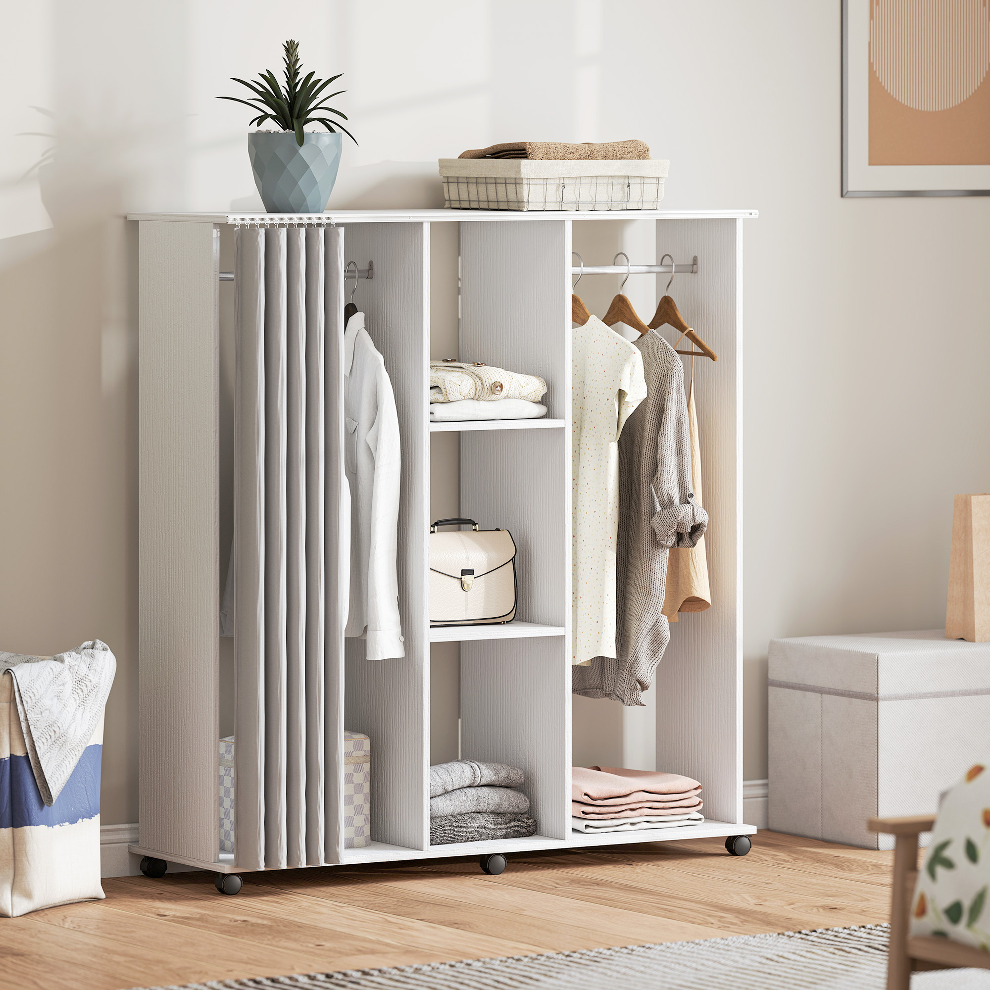 HOMCOM Kleiderschrank Garderobe Mobiles Aufbewahrungsmöbel 6 Rollen 120L x günstig online kaufen