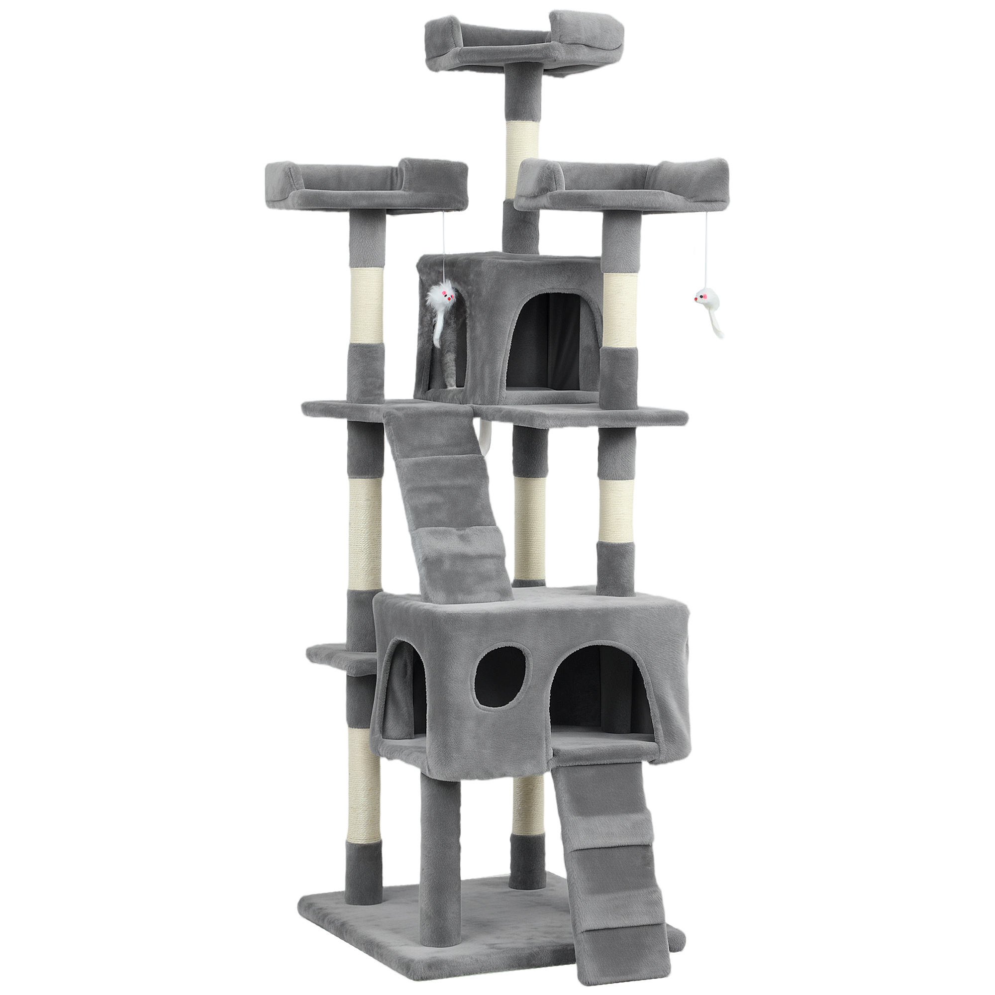 PawHut Albero Tiragraffi per Gatti Albero per Gatti 153 cm con 2 Tane 3 Lettini 2 Rampe Pali in Sisal Topolini Appesi Grigio   Aosom Italy