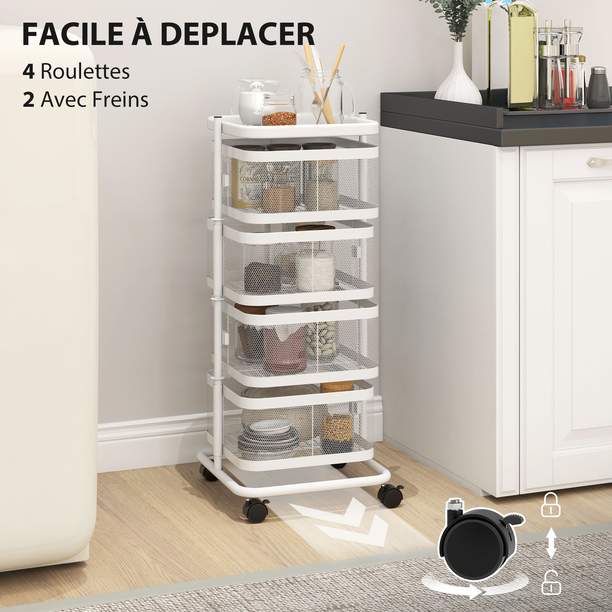 Resserre à Légumes - HOMCOM - 4 Paniers Rotatifs Sur Roues - Plateau - étagère En Fil D'acier - 33x33x77cm - Blanc - Santé - Mieux Vivre