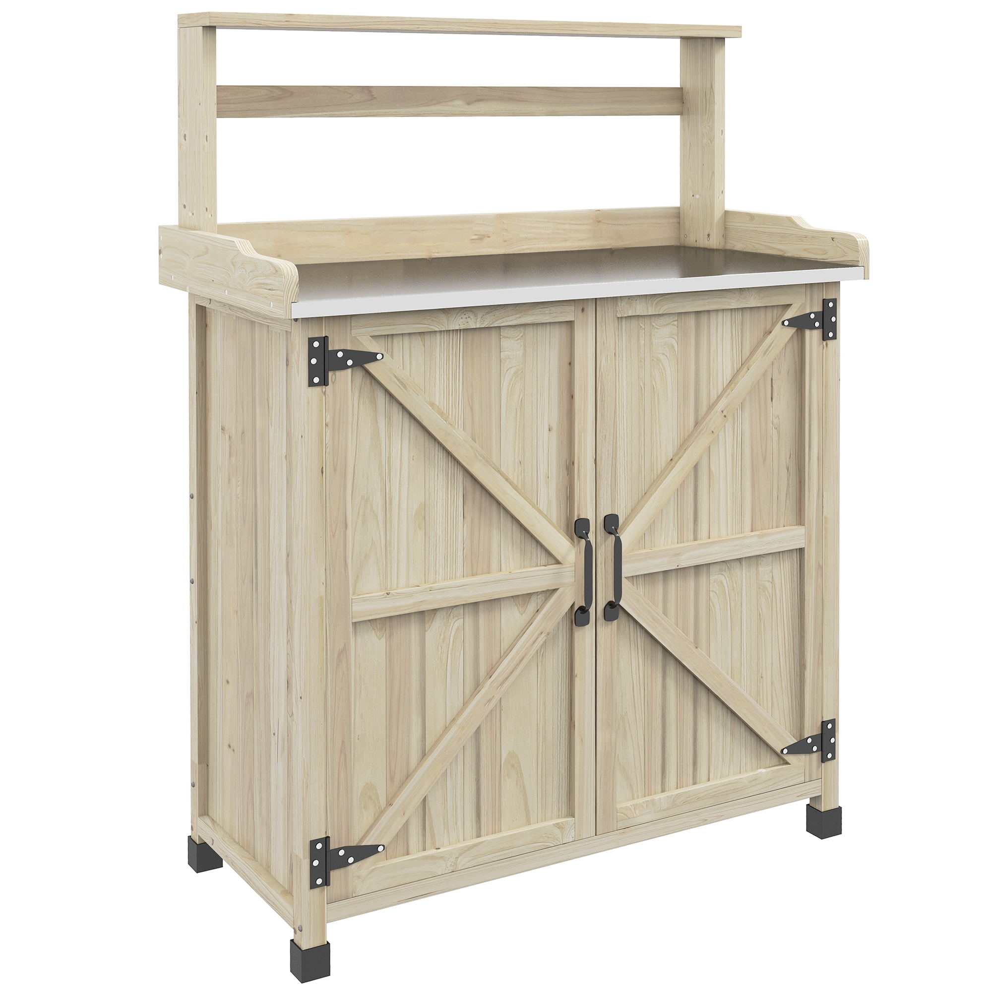 Outsunny Umsetztisch Gartentisch im rustikalen Stil mit Schrank und Ablagen, verzinkte Arbeitsplatte, rutschfeste Füße, vorgeöltes Fichtenholz, Maße 90,5L x 41l x 124,5H cm, Holzoptik natur Aosom