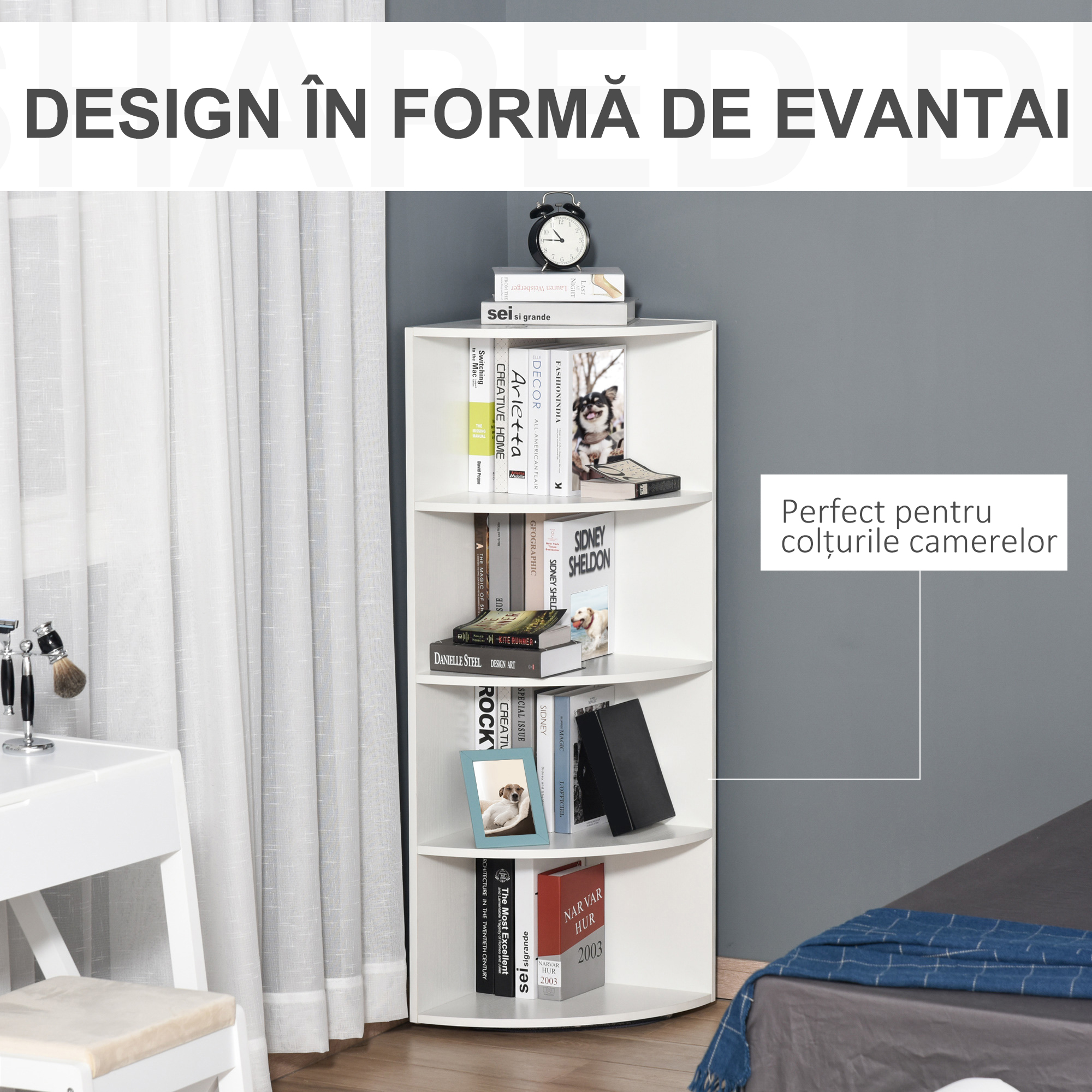  Biblioteca Colt Perete - 4 Rafturi Lemn Alb 120 cm [2]