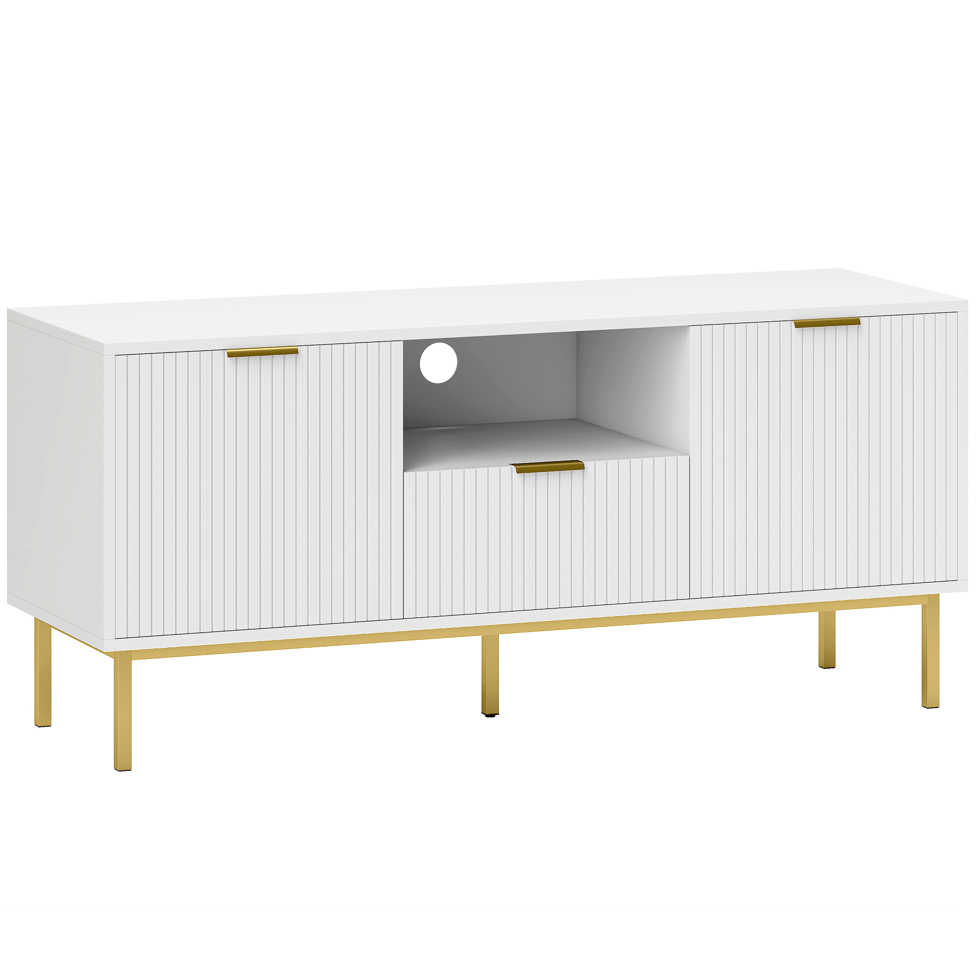 HOMCOM Mueble TV, mueble para televisores de hasta 101,6 cm con 2 puertas de cierre suave, cajón y compartimento abierto, 120x39x54cm, blanco | Aosom España