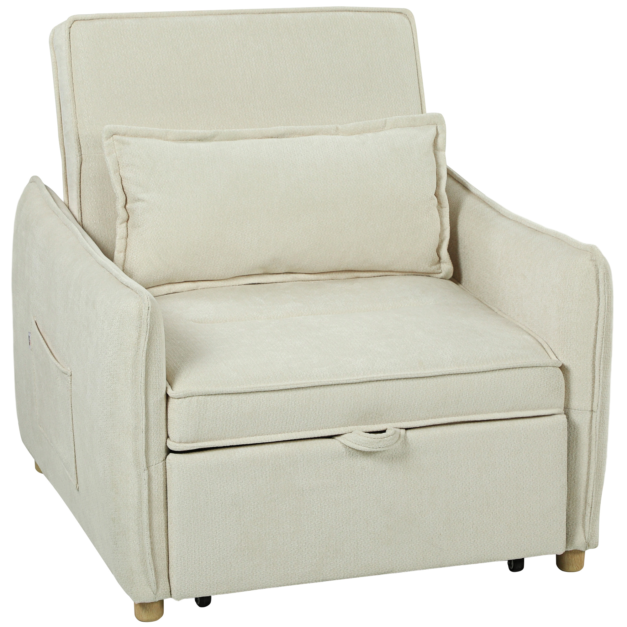 HOMCOM Slaapfauteuil 3-in-1 omvormbare fauteuil met bedfunctie, lendenkussen, voor woonkamer crèmewit