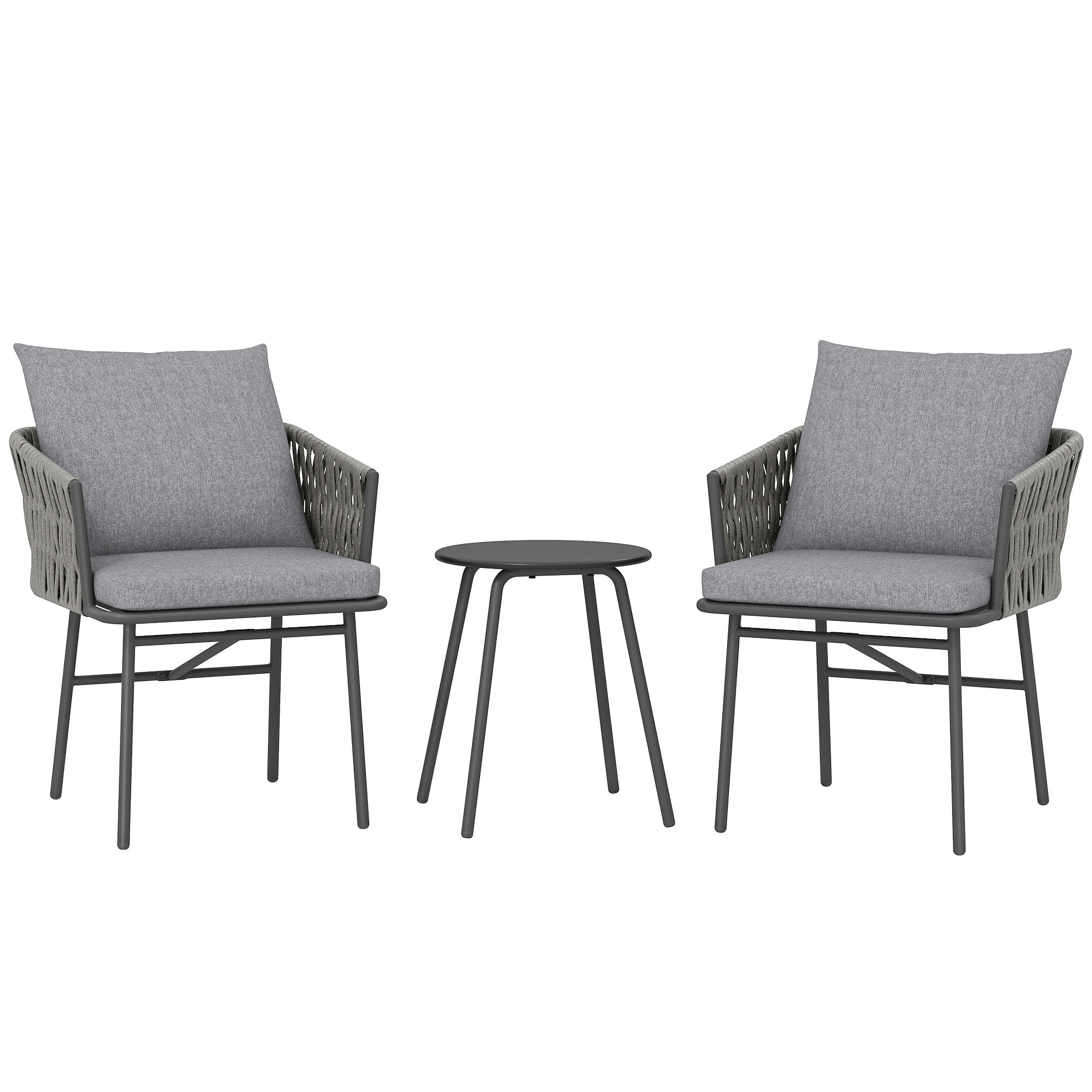 Outsunny Conjunto de móveis exteriores 3 peças, 2 cadeiras, 1 mesa, conjunto bistrô, rattan sintético, estrutura de aço, mesa metálica, 4