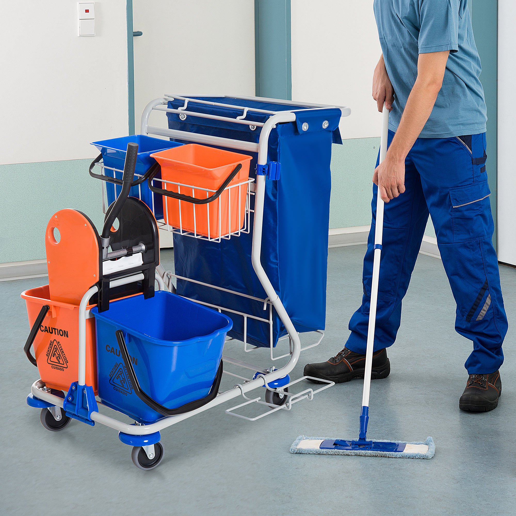 HOMCOM Professionele Schoonmaakwagen 100x70x103 cm Poetswagen met 4 Emmers, Dweilwringer, Grote Afvalzak en Veel Opbergruimte, Blauw | Aosom.nl
