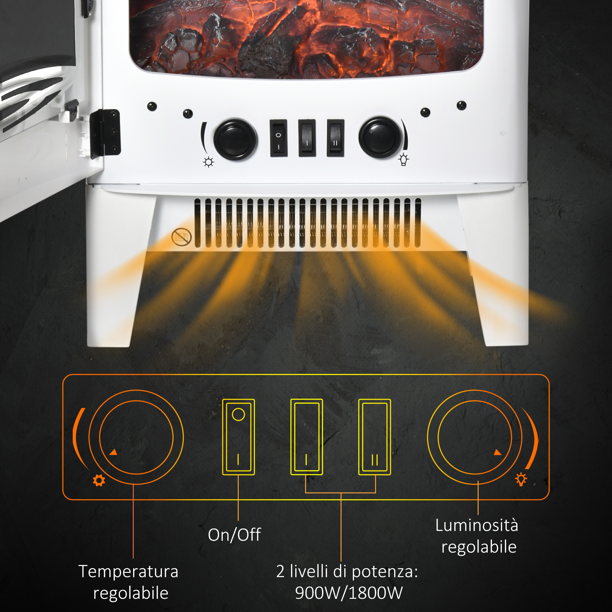 HOMCOM Camino Elettrico 1800W Con Fiamma A 3 Intensità E - copertina