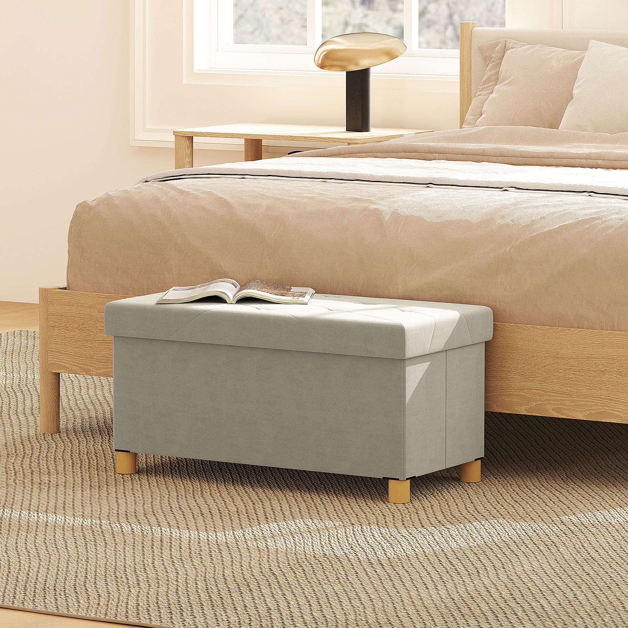 Banc De Rangement Pliable HOMCOM 76x38x38 Cm - Volume 67 L, Charge 120 Kg - Avec Couvercle Capitonné - Pour Chambre, Salon, Couloir (gris Velours)
