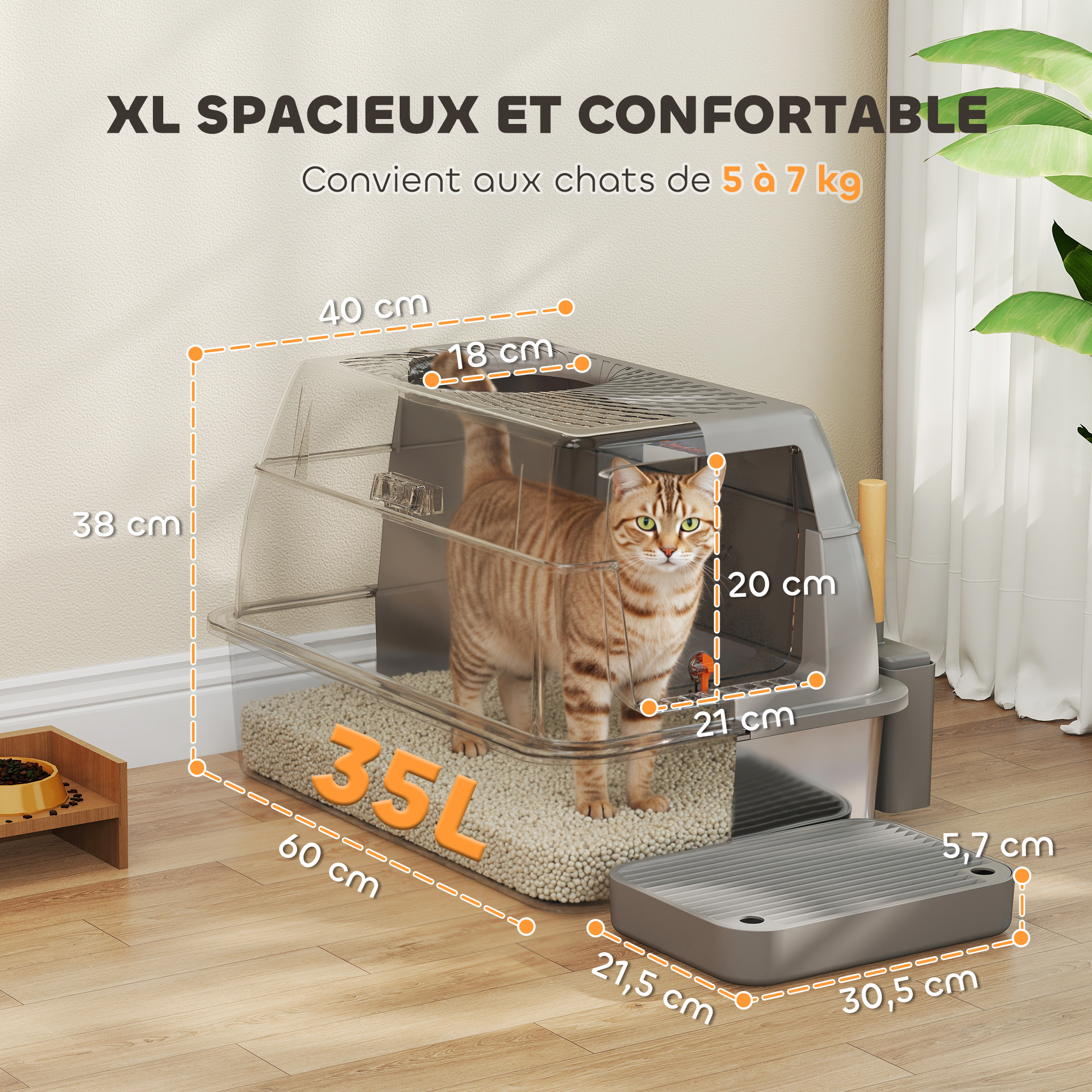 PawHut Bac à Litière Fermé XL En Acier Inoxydable, Maison De