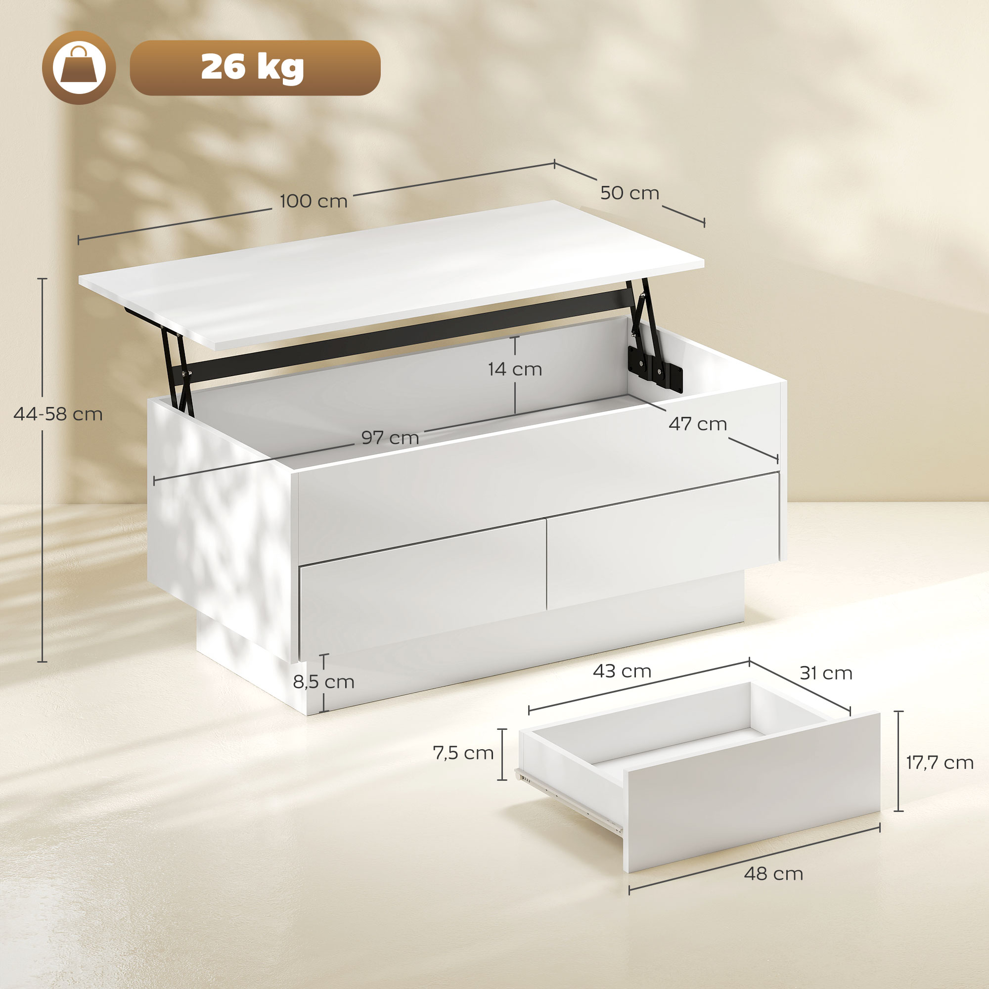 Table Basse Relevable HOMCOM - Avec Compartiment Secret Et 2 Tiroirs - Blanc - 100x50cm - Idéale Salon Ou Bureau - 11
