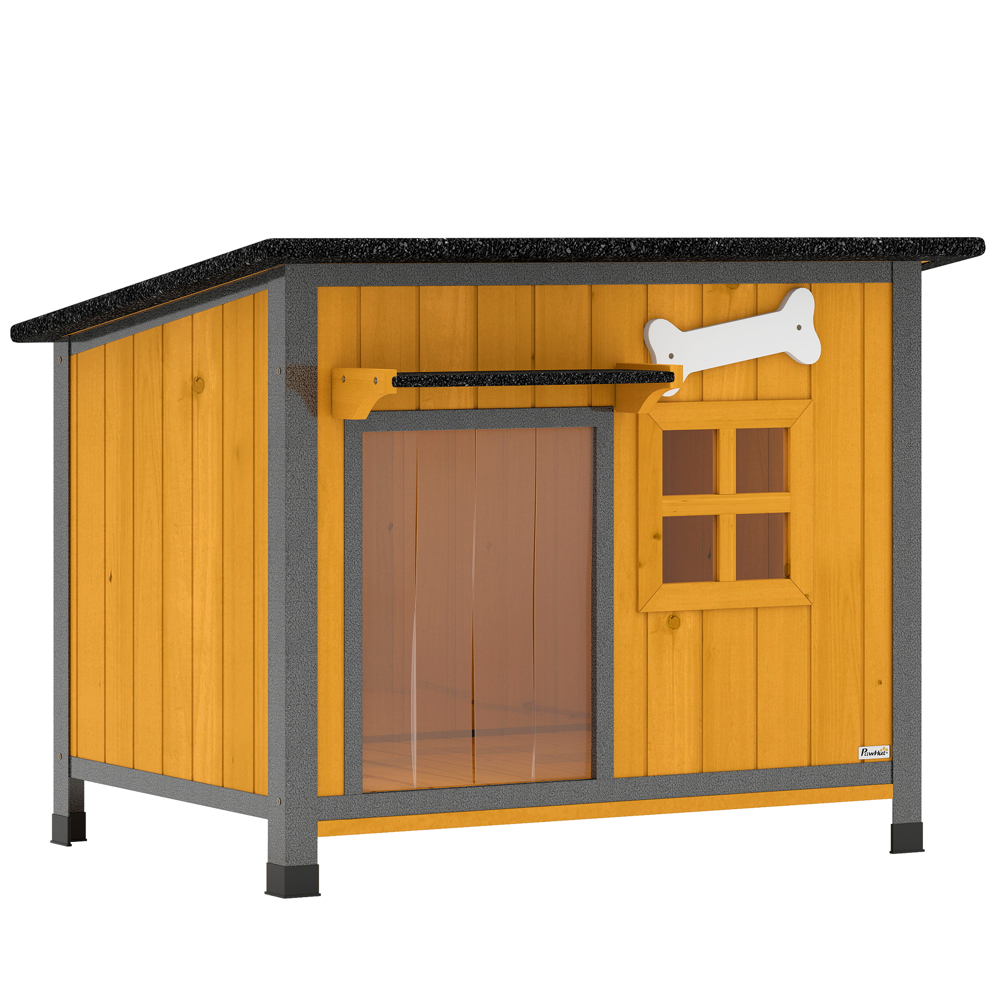 PawHut Außenhütte für Hunde aus Holz und Stahl, bissfest, erhöhtes Hundehäuschen mit aufklappbarem Satteldach und wasserdichtem Schutz, herausnehmbarer Boden, Türvorhang, Vordach, 84.5x62x65 cm Aosom
