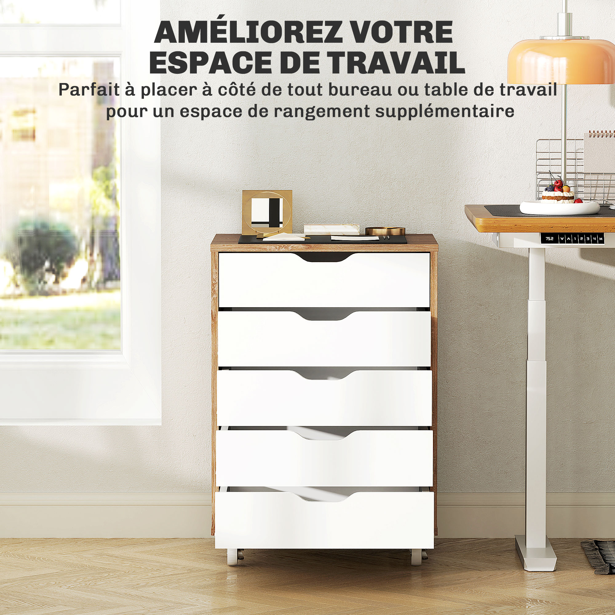 Caisson De Bureau Mobile 5 Tiroirs - Rangement Sur Roulettes Blanc & Chêne - 47,5x39,5x67,5 Cm