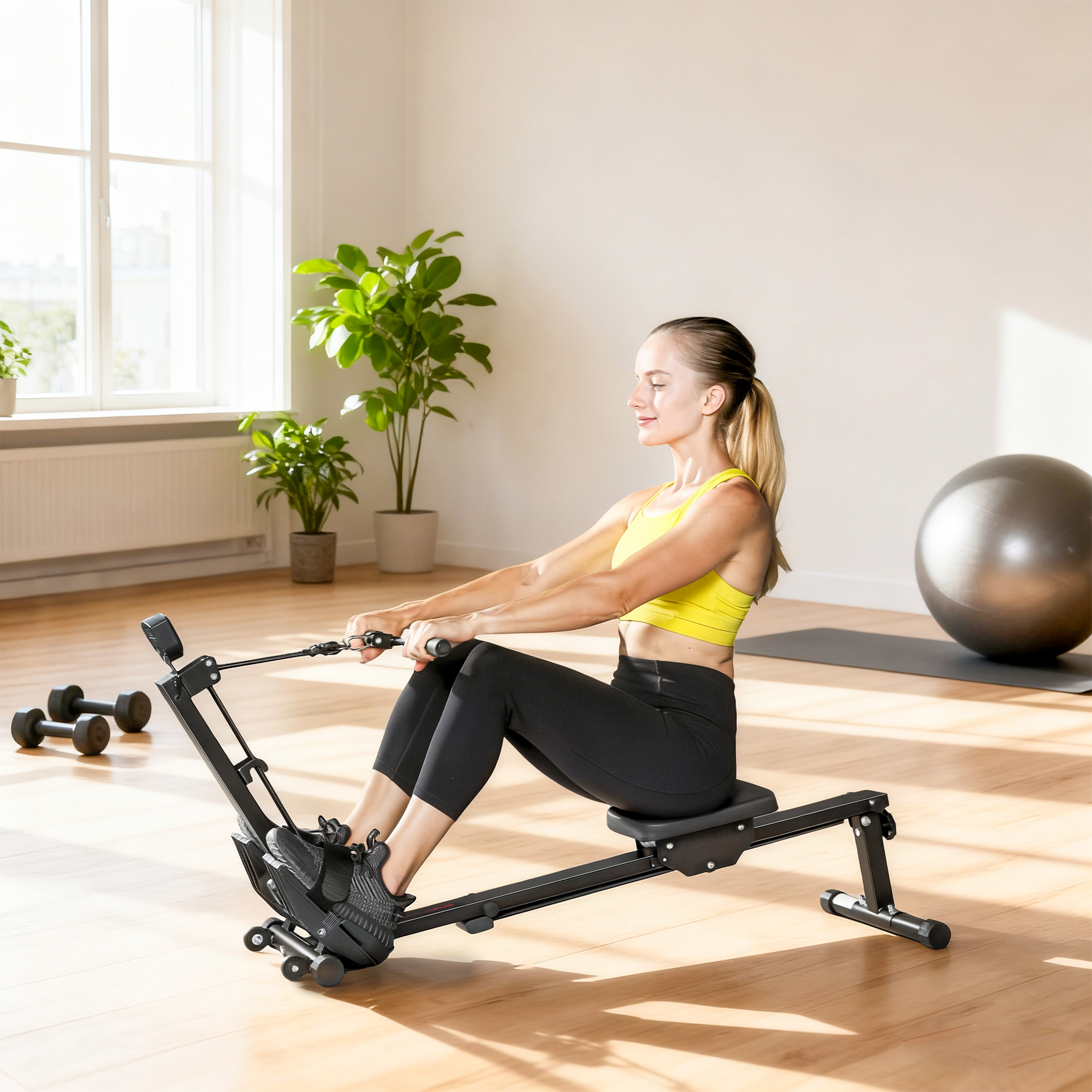 tectake® Vogatore in Legno per Allenamento a Casa, Vogatore Salvaspazio per Palestra in Casa, Sedile Ergonomico, con Serbatoio d'Acqua, Display Integrato, Carico Massimo 150 kg - Nero/Marrone