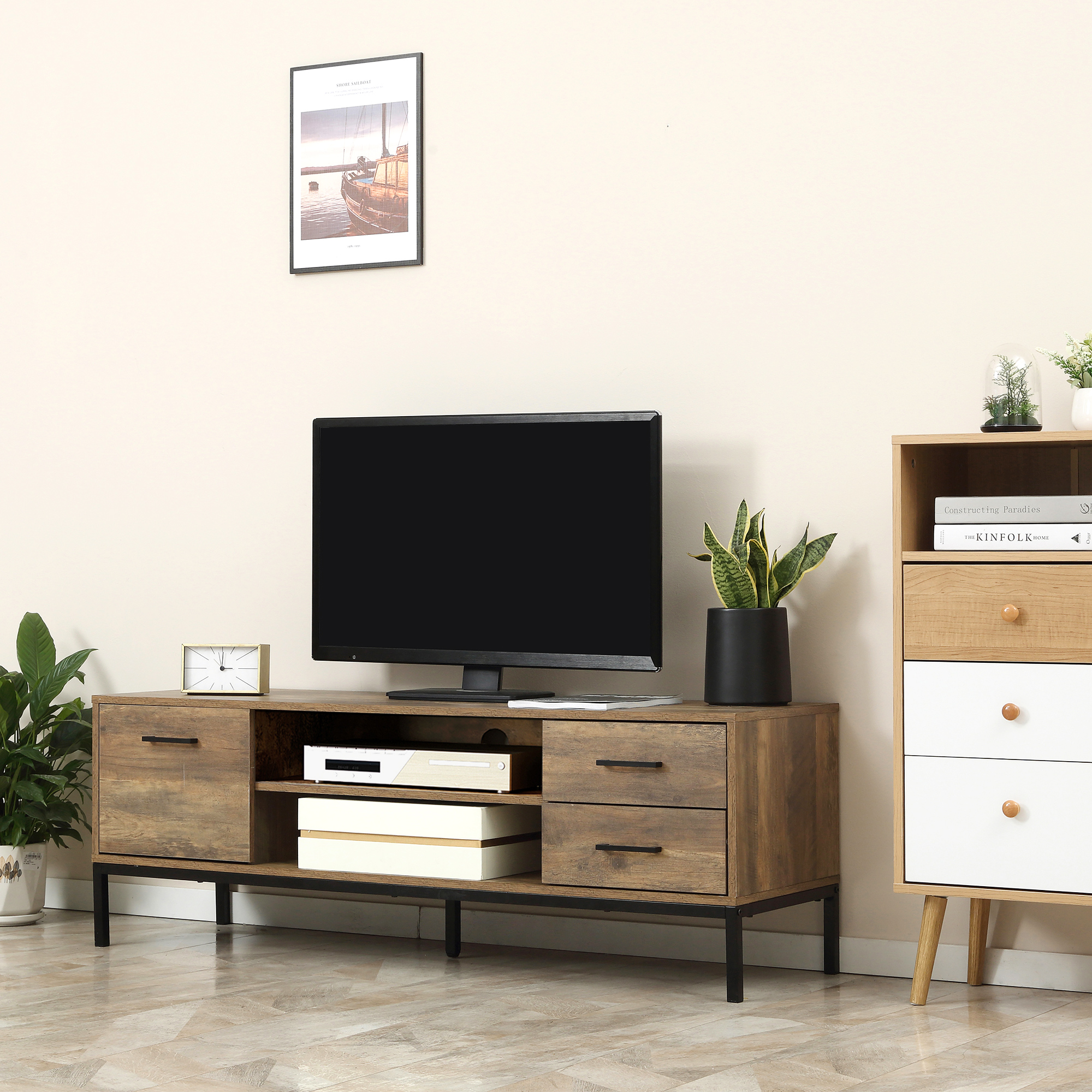Meuble TV HOMCOM 110 Cm - Blanc Chêne Et Noir, Avec 2 Placards, étagères Et Passe-câbles - Pour Téléviseurs Jusqu'à 50 Pouces