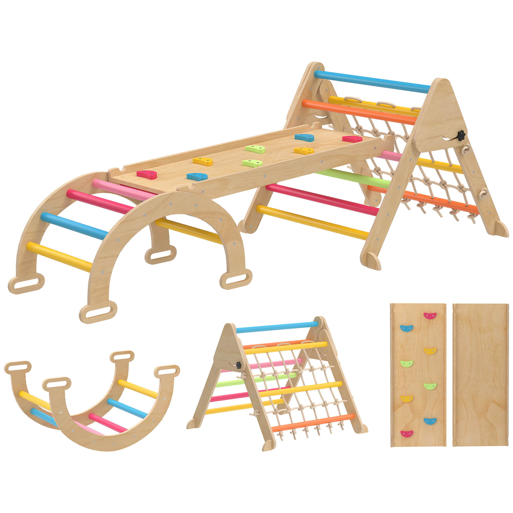 AIYAPLAY 8-in-1 Toddler Climbing Frame, Indoor Play Triangle Set with Slide, Arch and Triangle Ladder, Multicolour