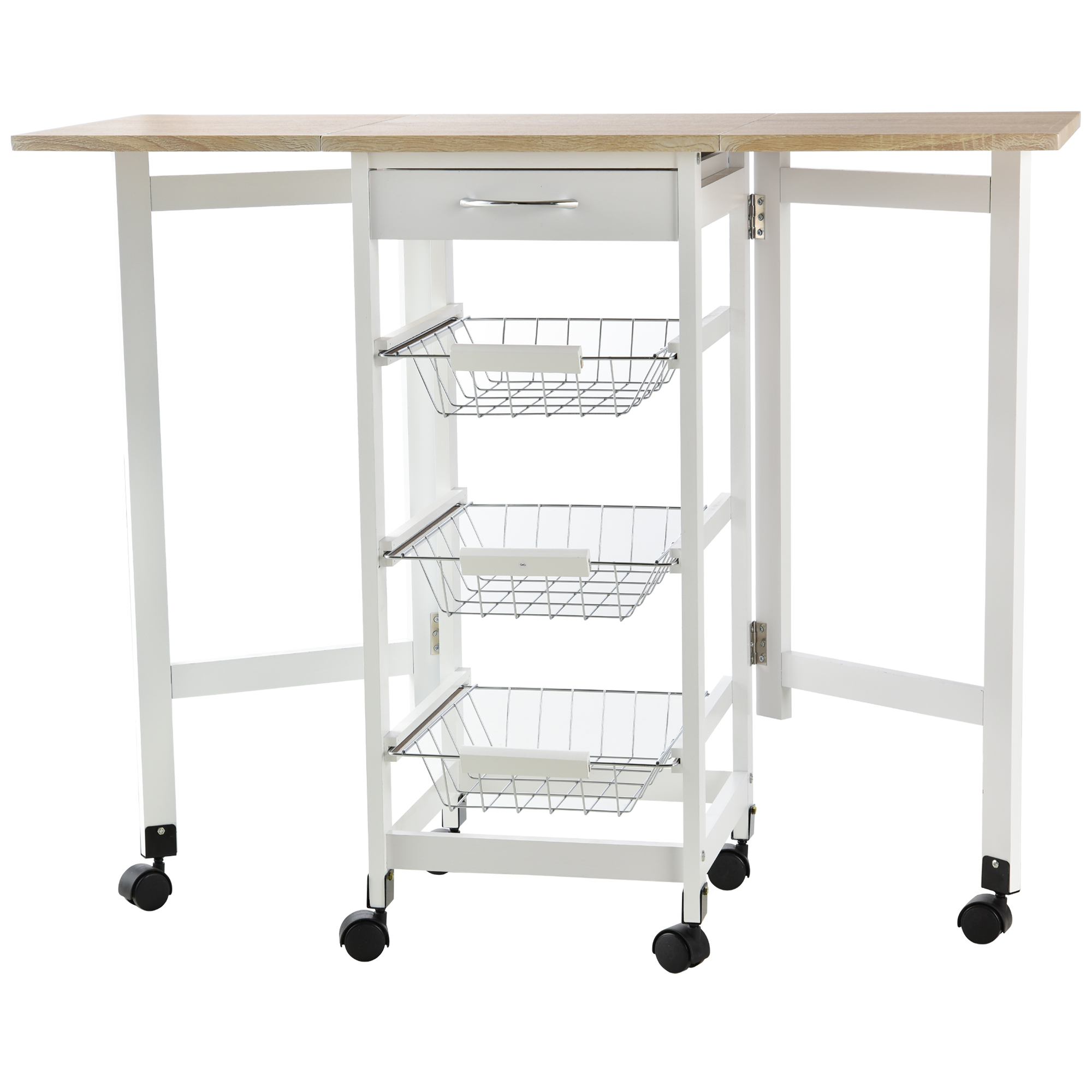 HOMCOM Carrito Auxiliar Plegable Carrito de Cocina con 6 Ruedas 1 Cajón y 3 Cesta de Metal 97,2x37x77,5 cm Blanco y Roble | Aosom España