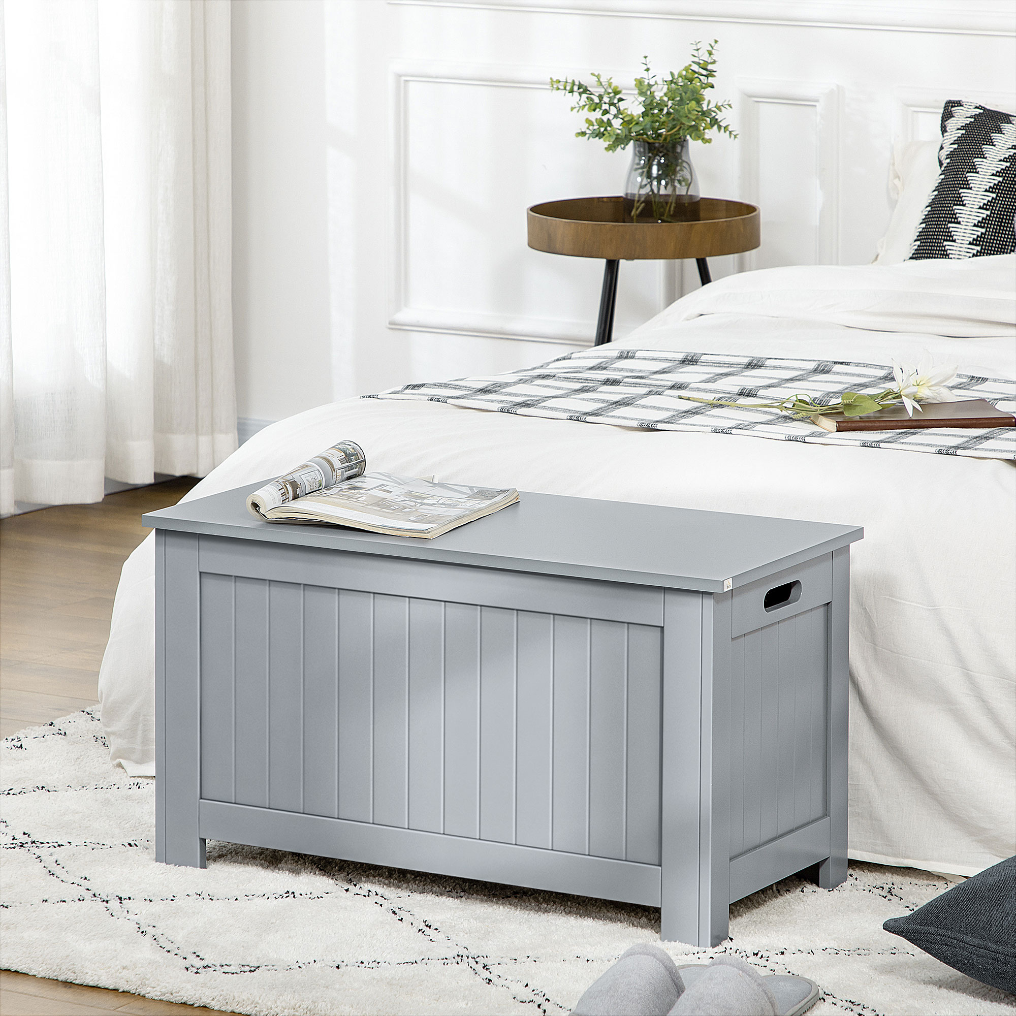 Coffre De Rangement HOMCOM 76x40x48 Cm - Bois Gris - 2 Charnières Sécurité - Banc Avec Rangement Jouets/couvertures - 10