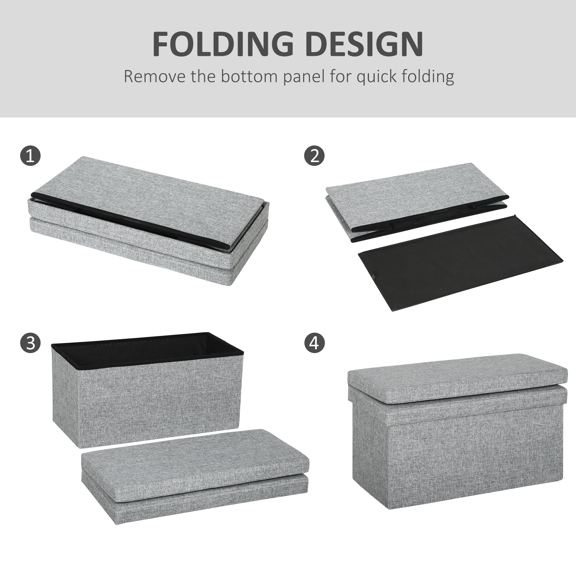  Banca Pliabila cu Spatar si Compartiment de 77L, Acoperire din tesatura, 76x50x73 cm, Gri [5]