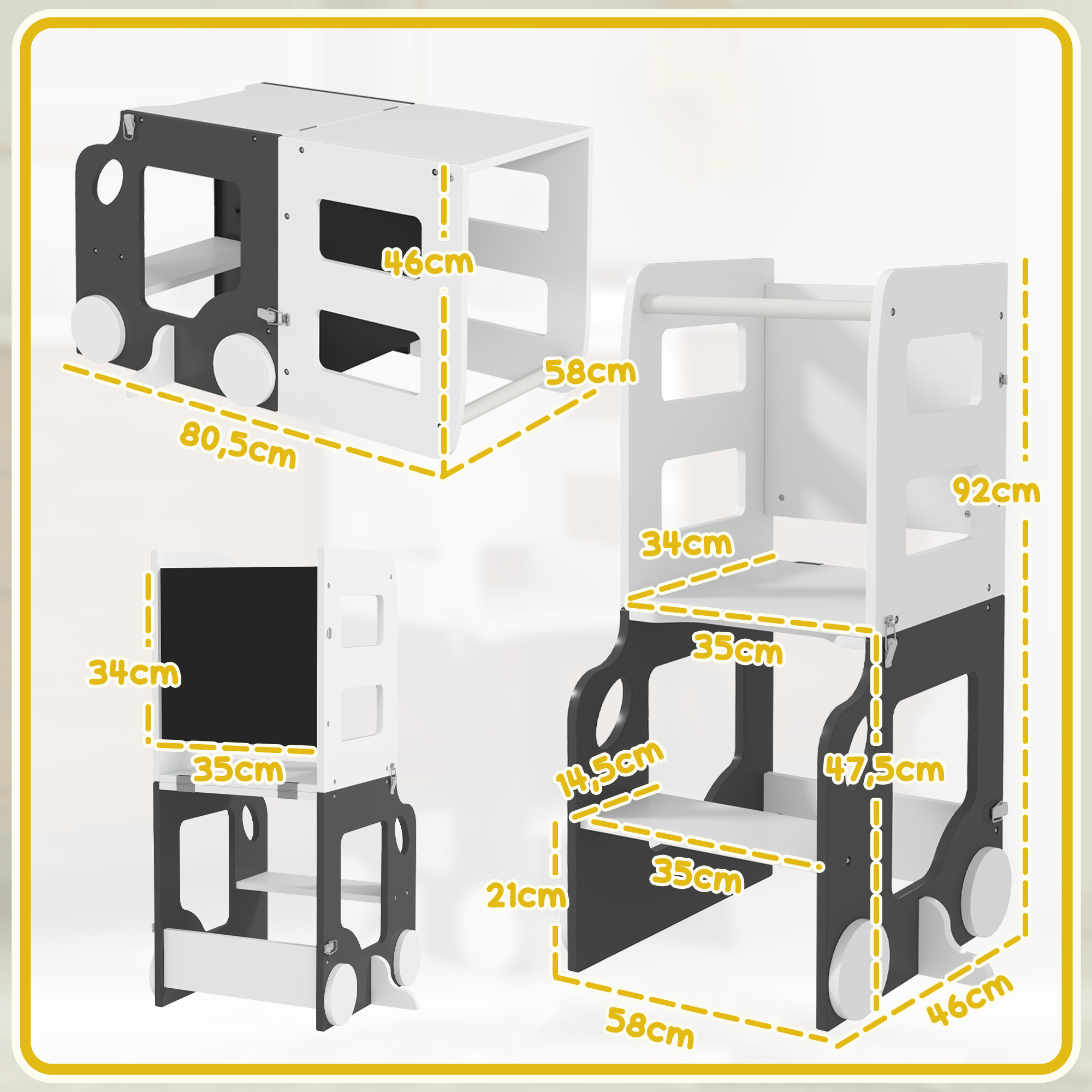 Tour D'observation Enfant - AIYAPLAY - 4 En 1 - Hauts Rebords De Sécurité, Tableau Noir/blanc - MDF - 58x46x92cm - Gris - Puériculture & Eveil Bébé