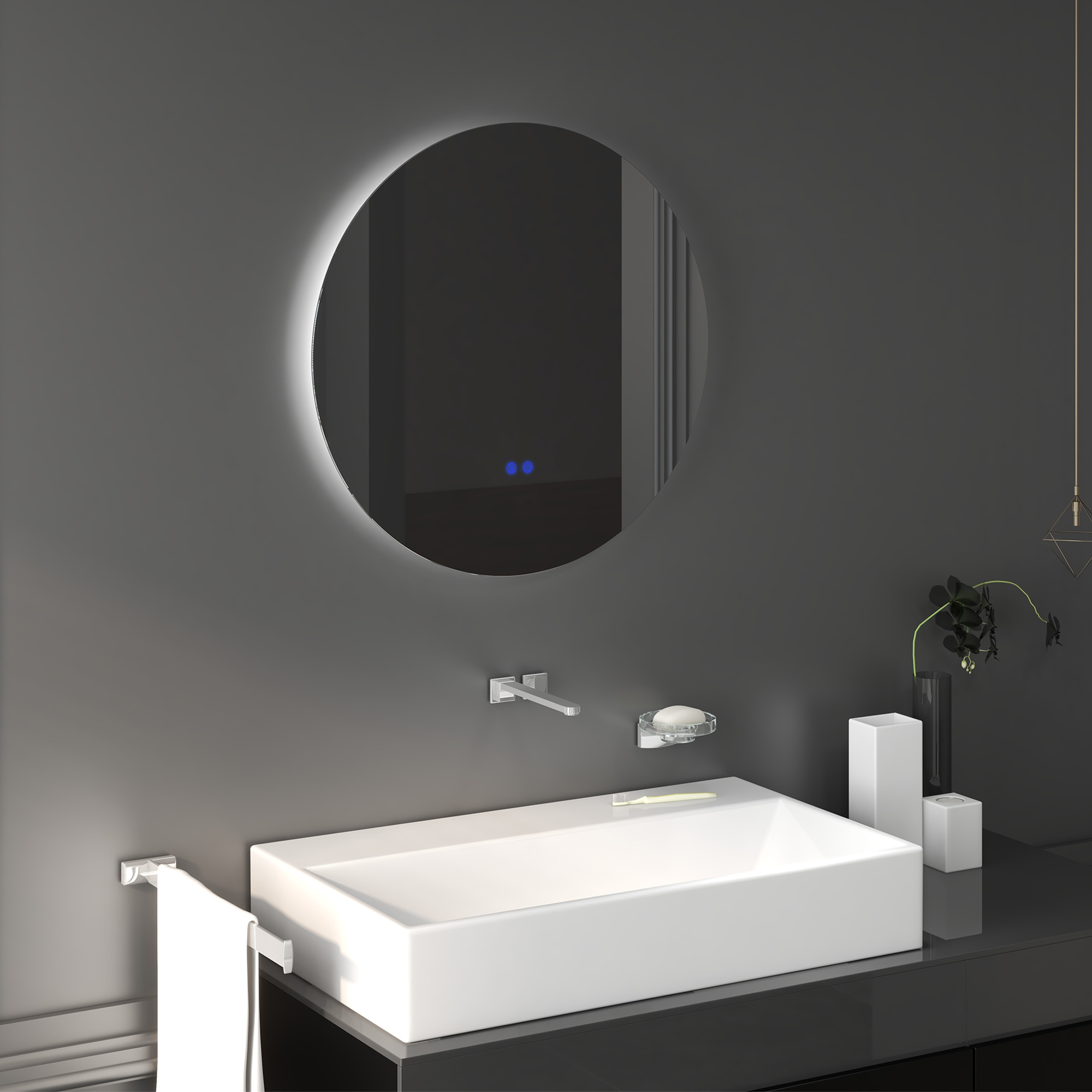 Miroir LED Salle De Bain Rond 60 Cm - Anti-buée, 3 Couleurs De Lumière, Dimmable, Verre Trempé - Installation Murale