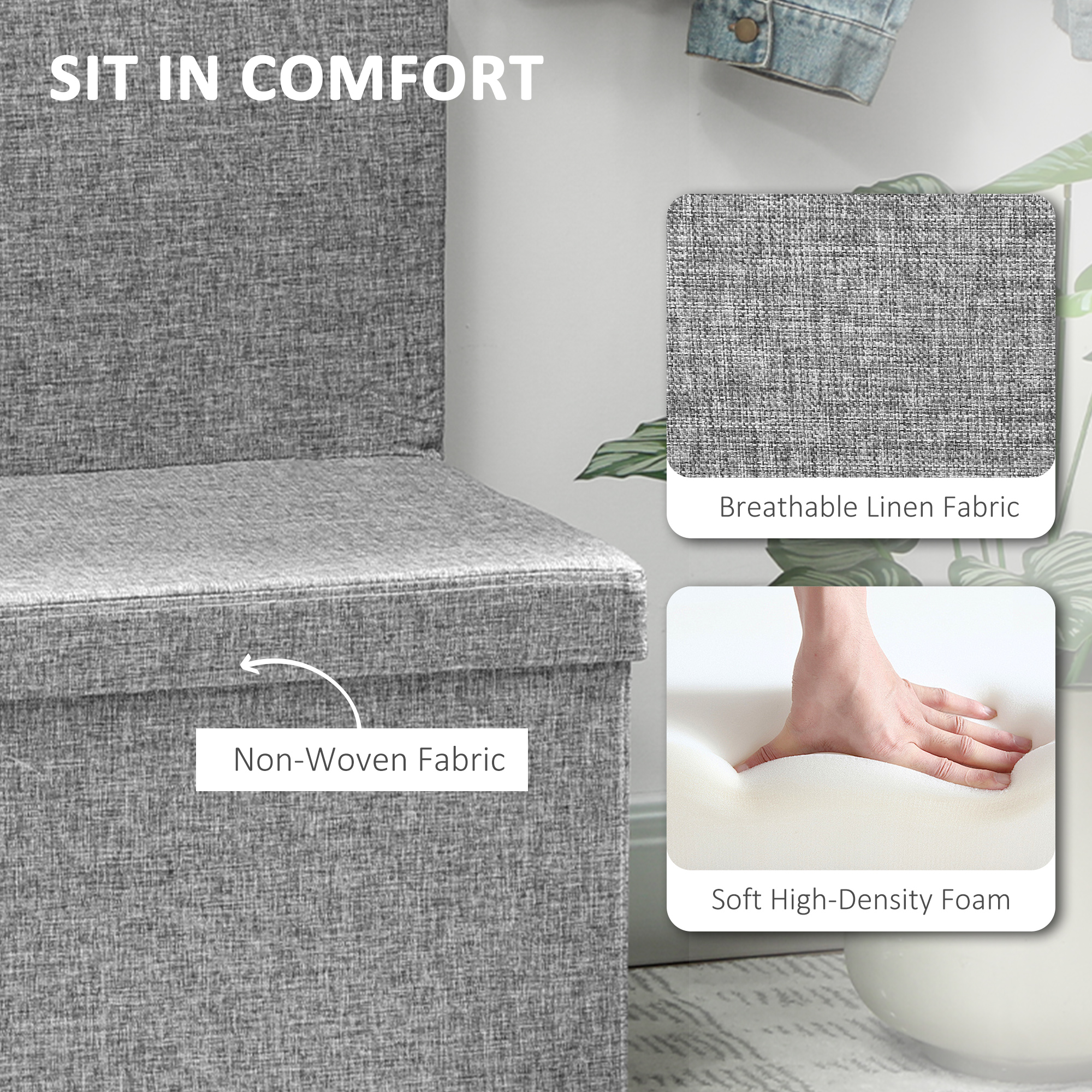  Banca Pliabila cu Spatar si Compartiment de 77L, Acoperire din tesatura, 76x50x73 cm, Gri [3]