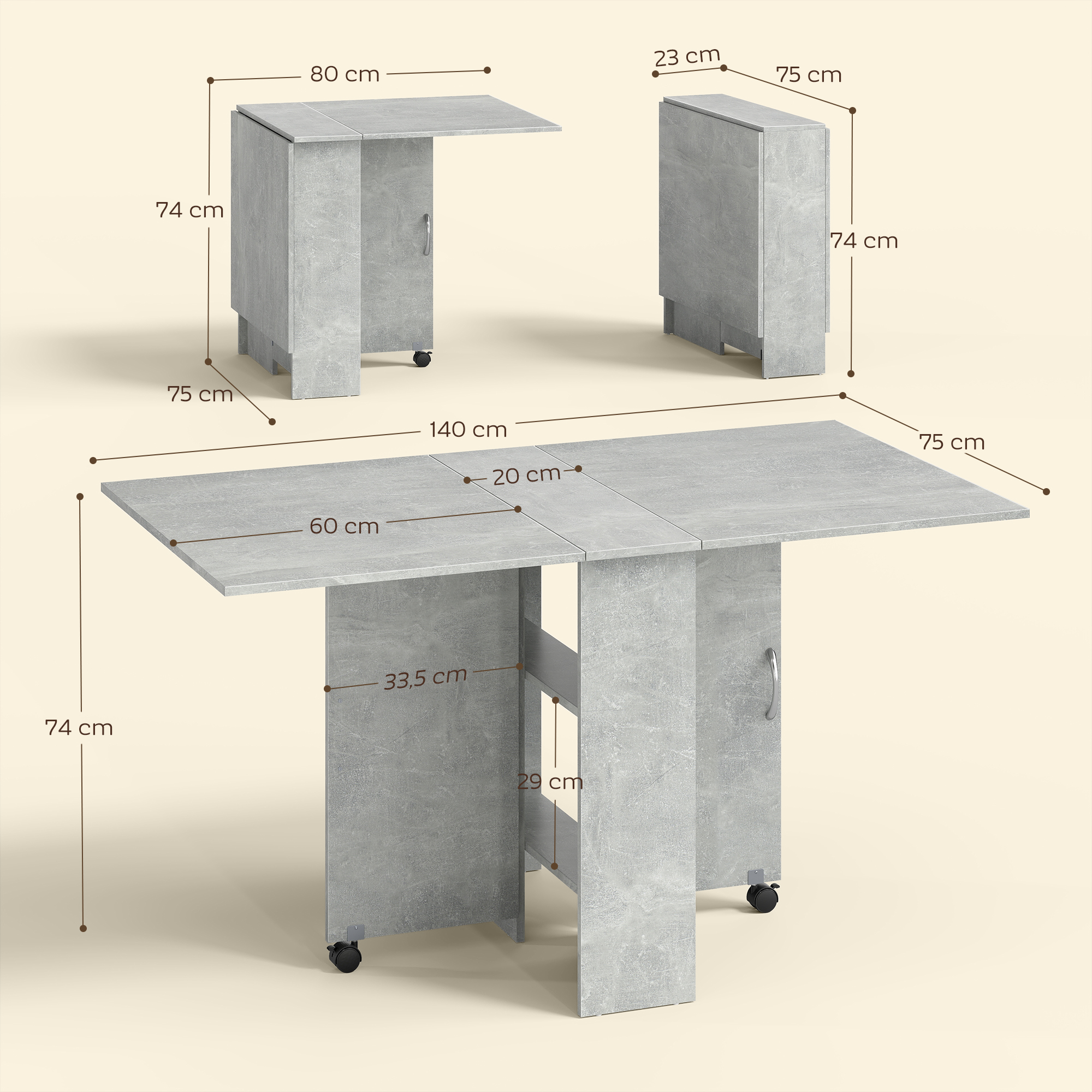 Table à Manger Pliante HOMCOM Avec Rangement - 2 Abattants, 6 Places, 2 Tiroirs, 2 Placards, Roulettes - 140x76x74 Cm (Blanc/Bois) - 3