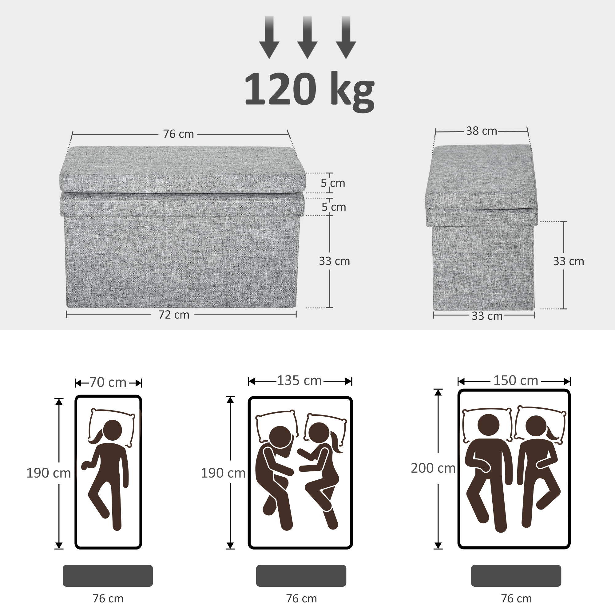  Banca Pliabila cu Spatar si Compartiment de 77L, Acoperire din tesatura, 76x50x73 cm, Gri [2]