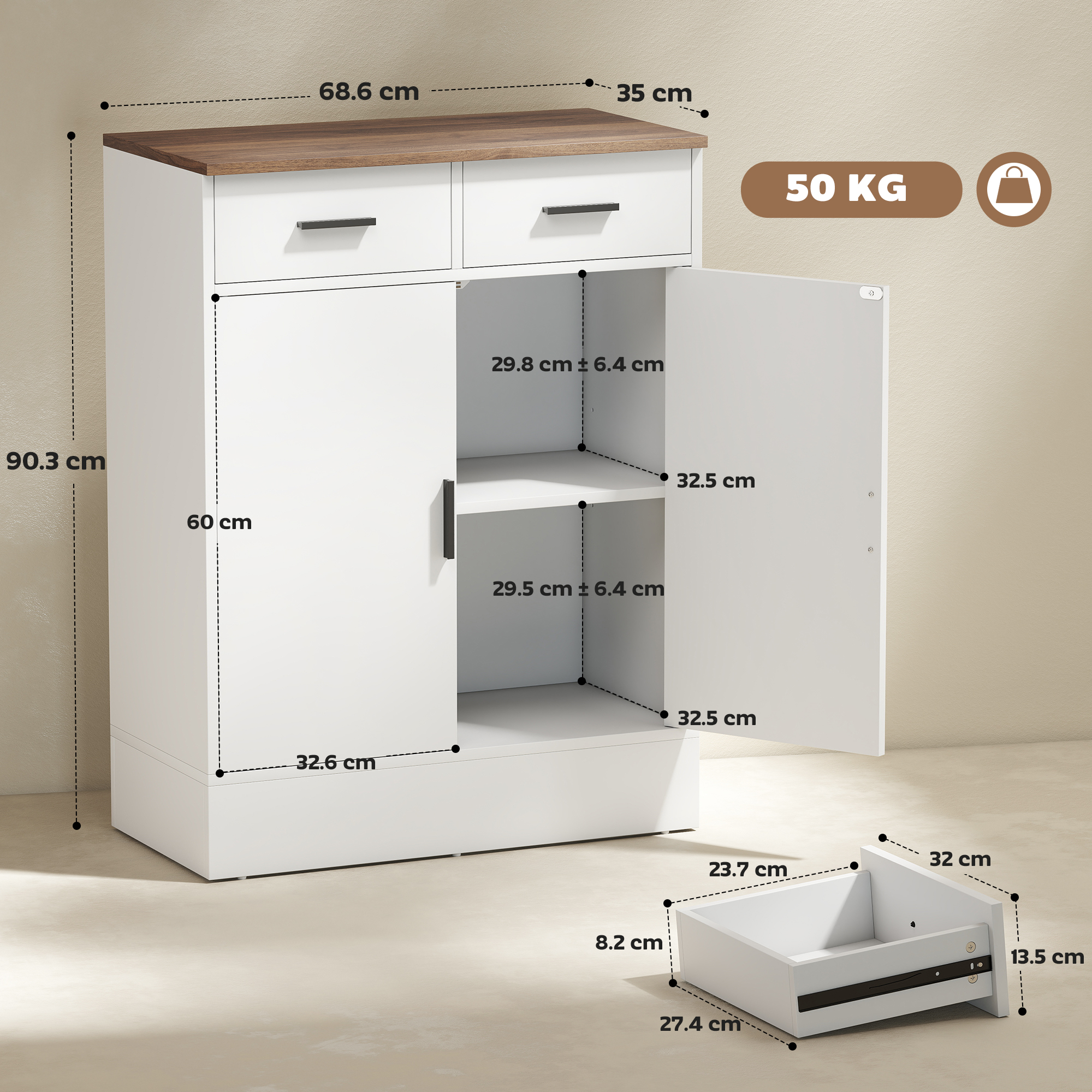  Bufet Modern cu 2 Sertare si Dulap cu 2 Usi Alb si Lemn [2]