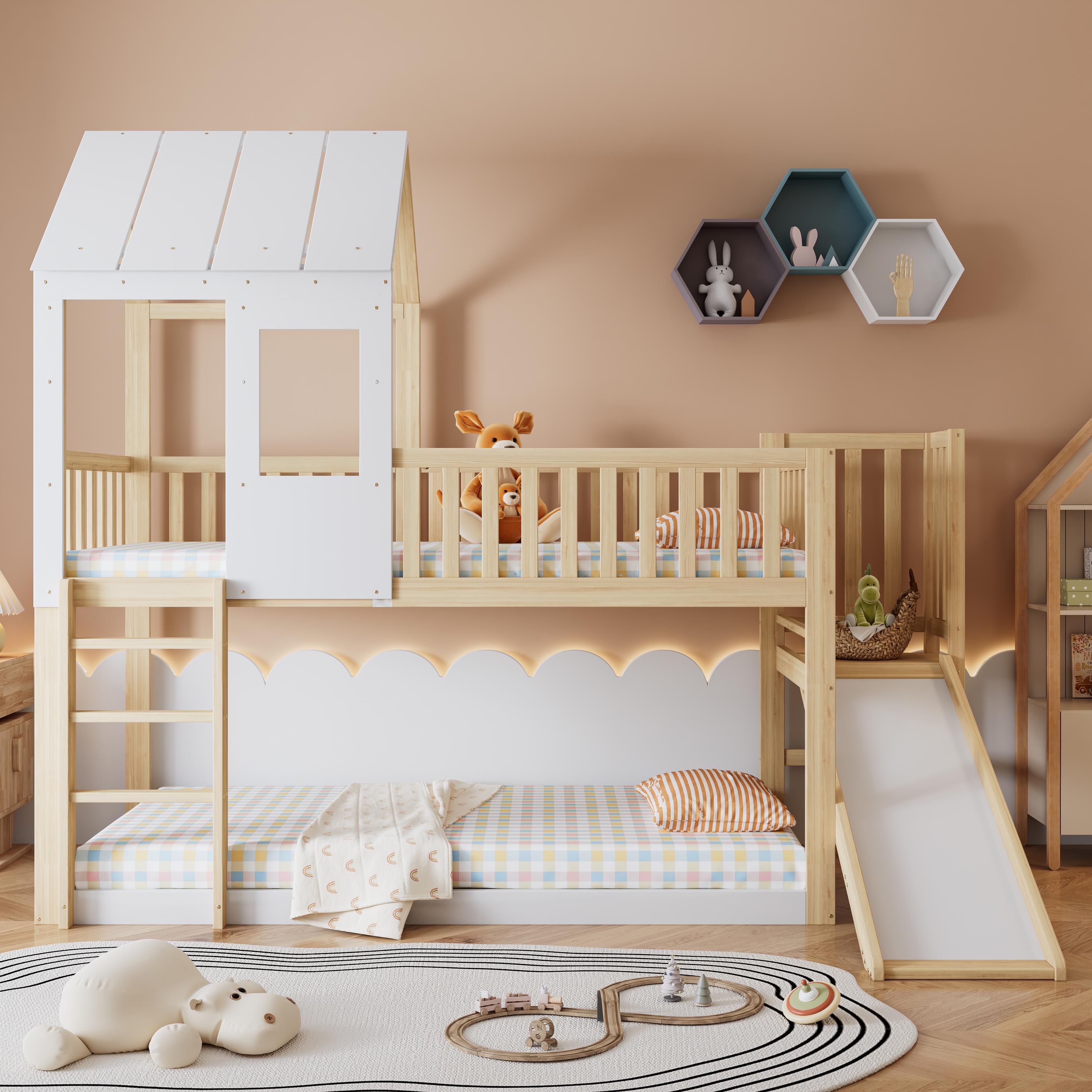 Wooden High Sleeper Bed with Slide and 3‑Step Ladder for Children, Bunk Bed with Playhouse Roof, 240.5L x 137.5W x 221H cm, White+Natural   Aosom UK