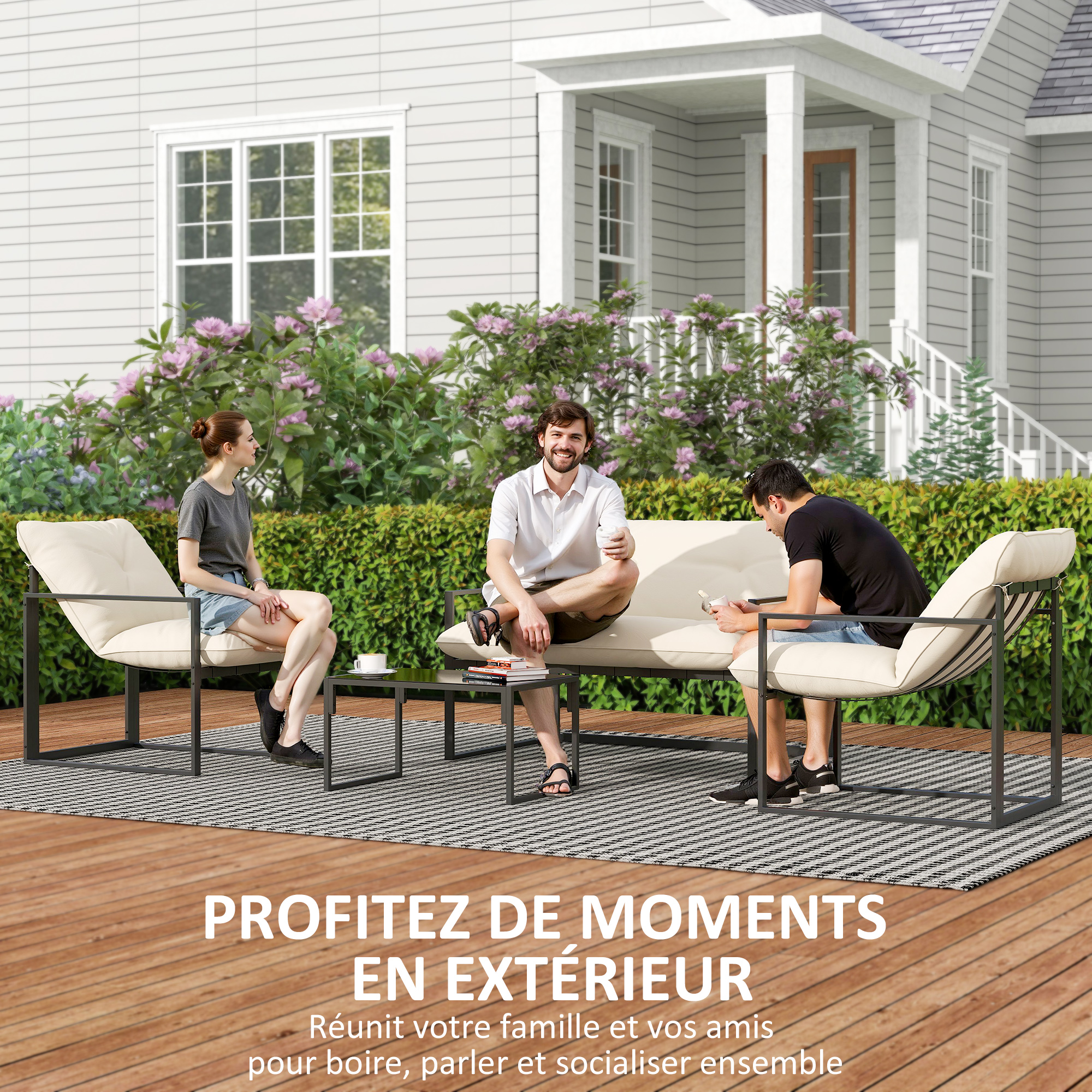 Outsunny Salon De Jardin Extérieur 4 Personnes, Salon De Balcon 5 Pièces Avec Canapé, 2 Fauteuils Et 2 Tables Basses Bleu Clair | France