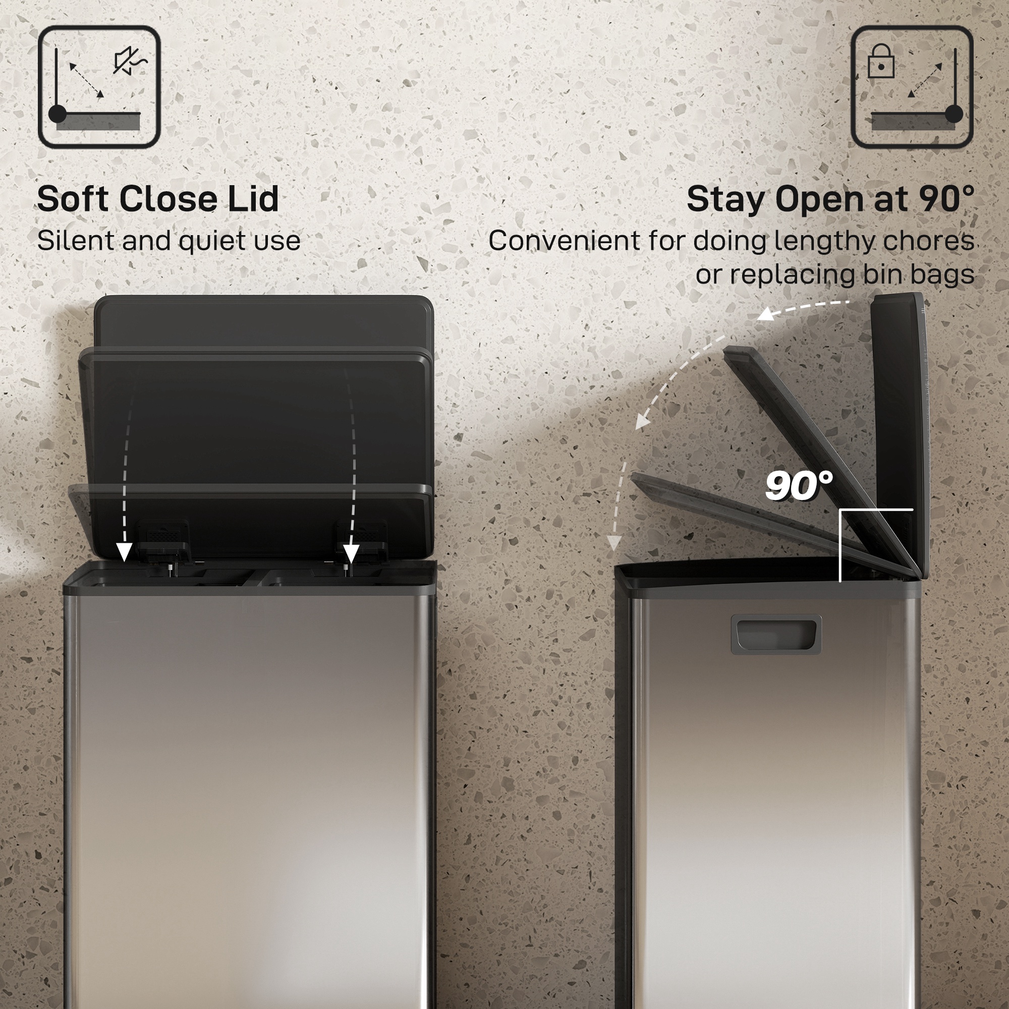  Cos de Gunoi cu Pedala cu 2 Compartimente de 30L, Capac Amortizat si Galeti Detasabili, Otel Inoxidabil, Argintiu [4]