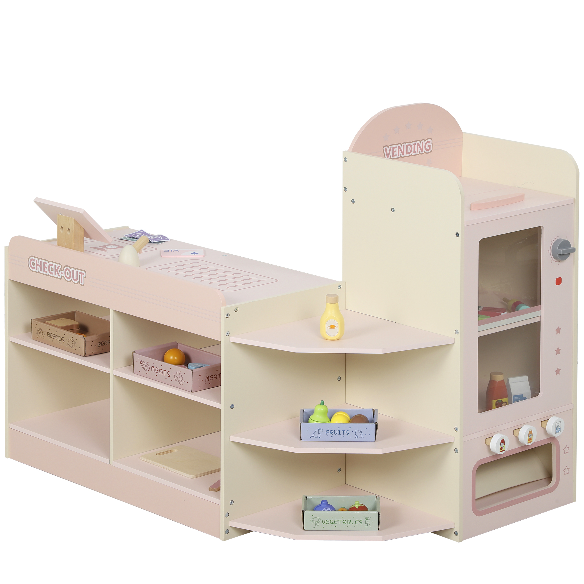 AIYAPLAY Kids Grocery Store, Children Supermarket Playset with Cash Register, Vending Machine, Display Shelves