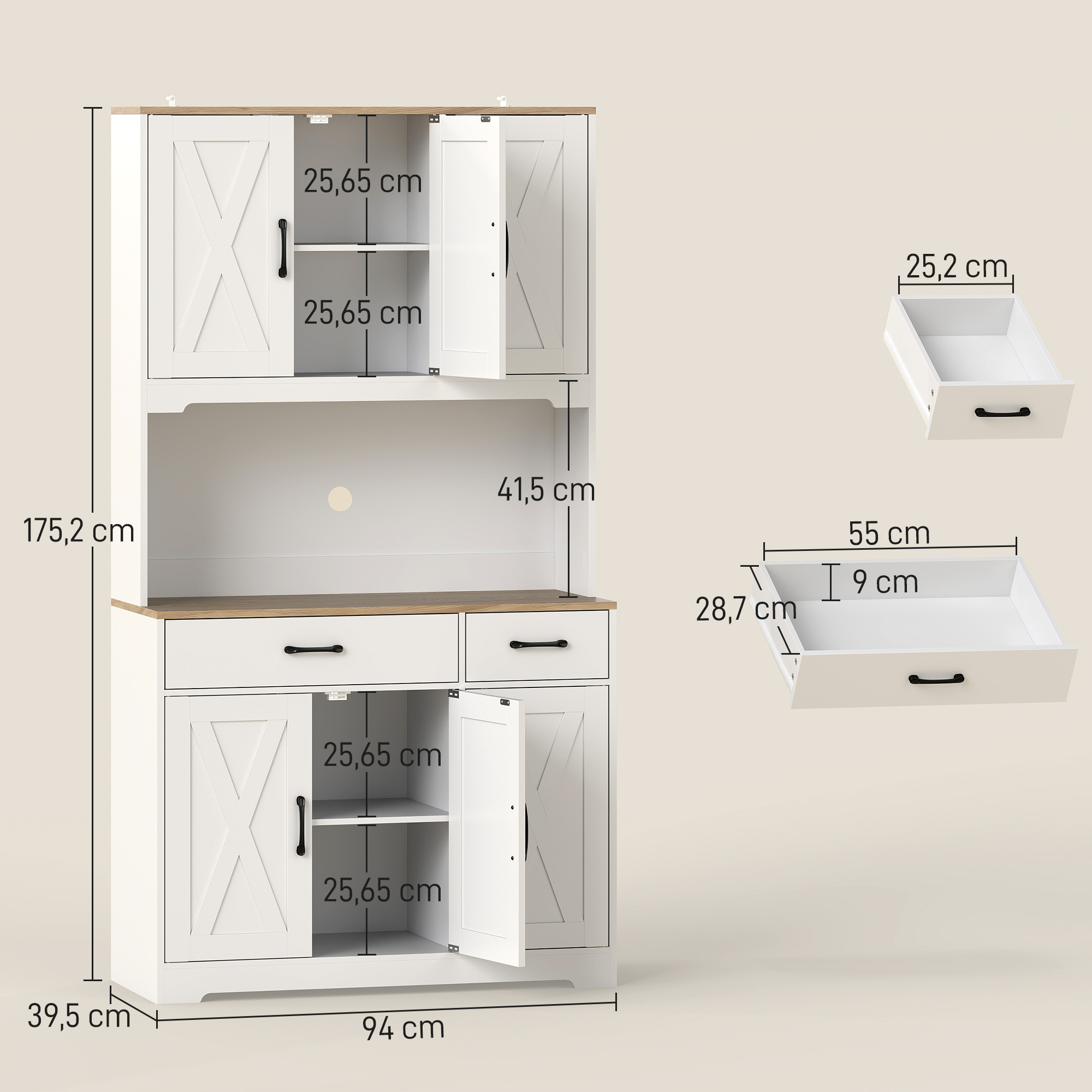 Armoire De Cuisine 6 Portes HOMCOM - Style Ferme Rustique, Plan De Travail, étagères Réglables - Blanc