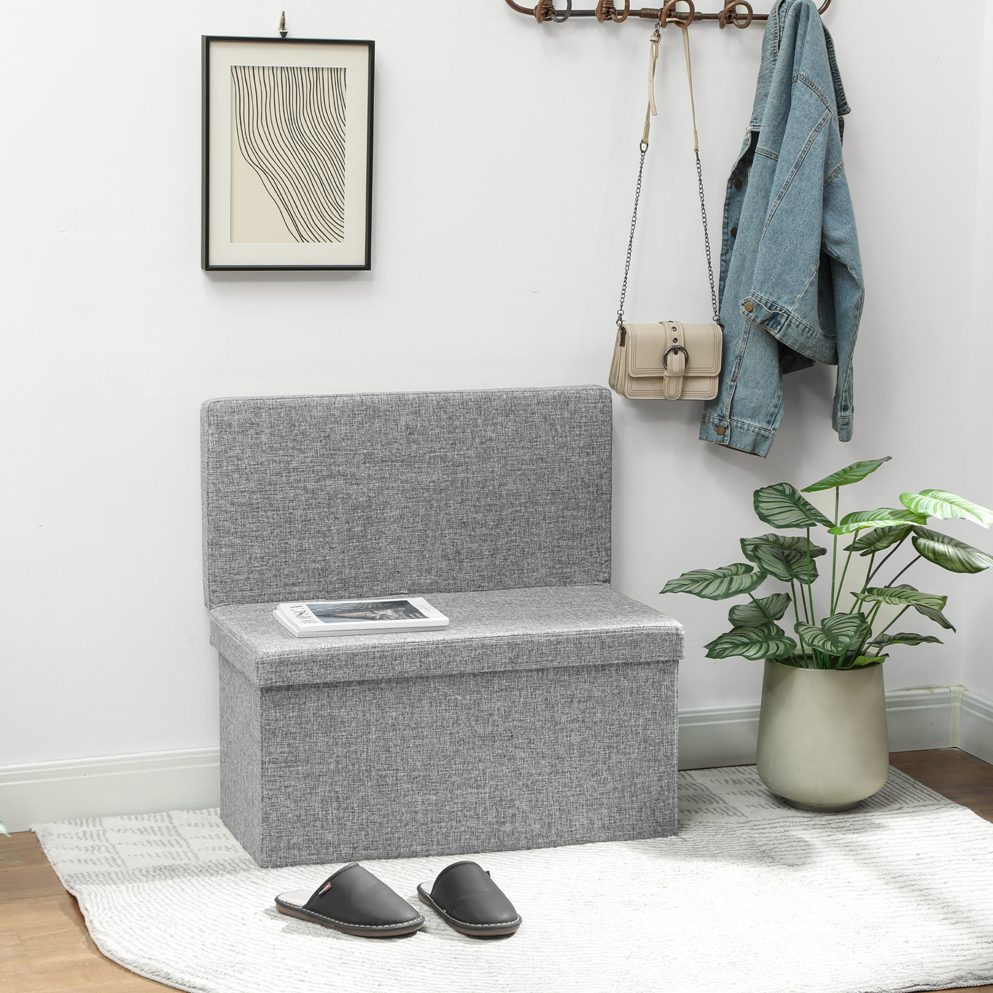  Banca Pliabila cu Spatar si Compartiment de 77L, Acoperire din tesatura, 76x50x73 cm, Gri [1]