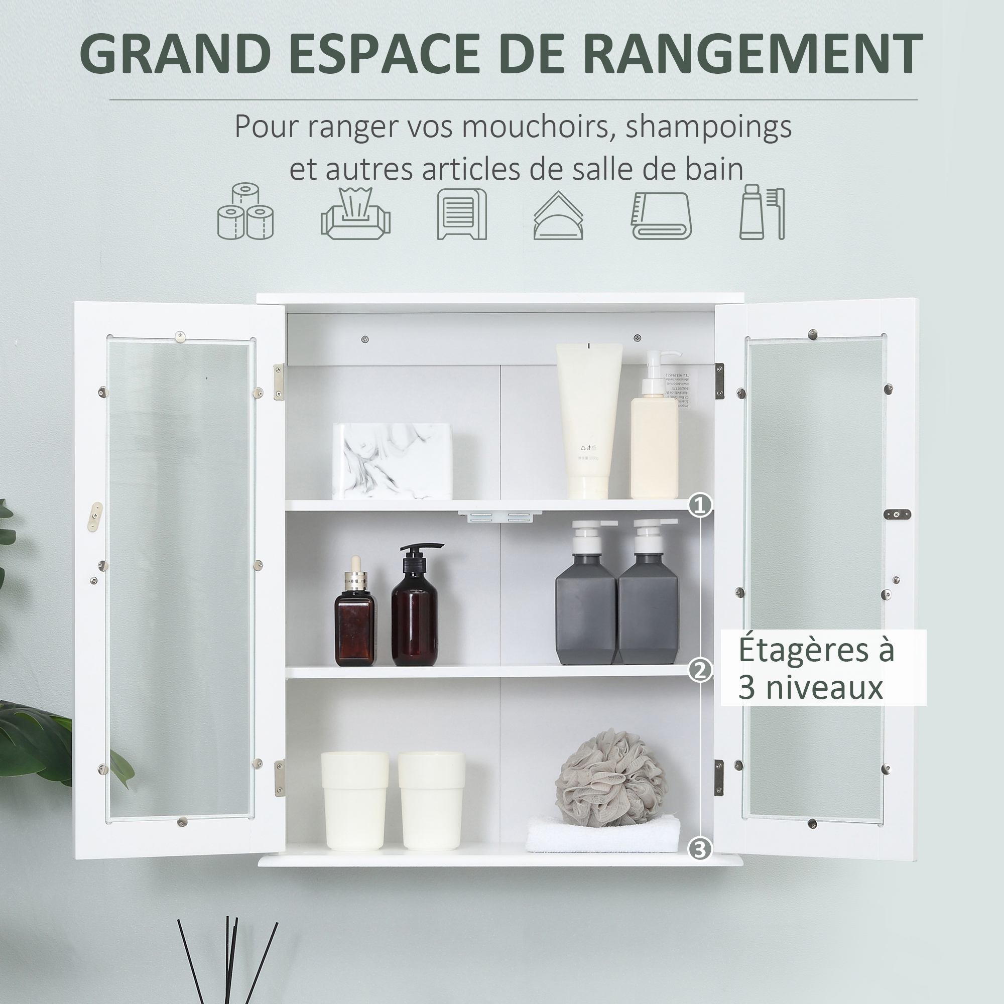 Meuble Salle De Bain Rangement Kleankin Meuble Salle De Bain, Meuble De Rangement, Armoire Murale à 2 Portes En Verre Avec Étagères Intérieures Et Étagères Réglables 55 X 20 X 65 Cm