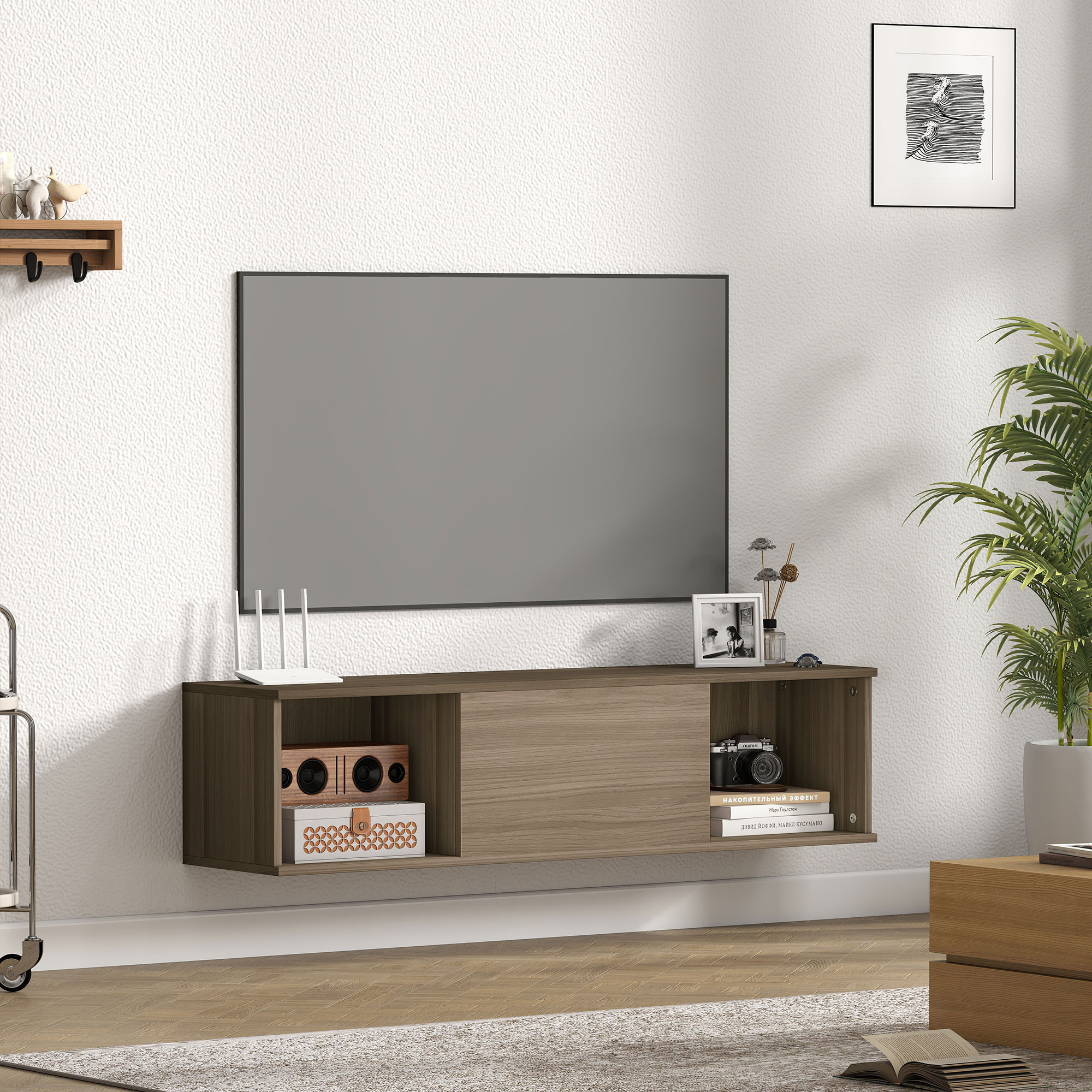 Armoire Murale 120x30x29,5cm - 2 étagères Ouvertes + Porte Rabattante - Marron Effet Bois