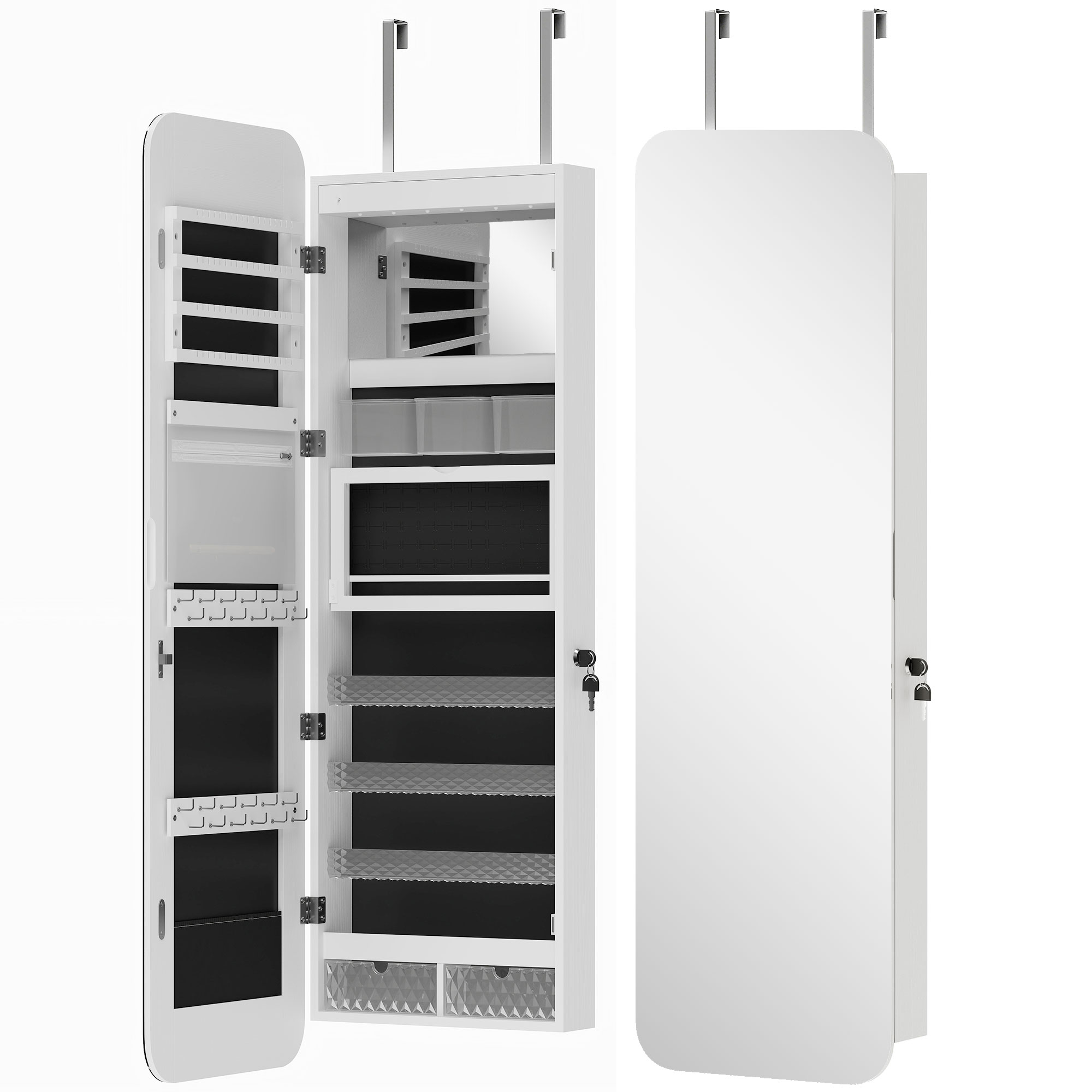HOMCOM Wand-Schmuckschrank mit Innenspiegel und LED-Lichtern, 120 cm hoher platzsparender Tür-Schmuckspiegel mit Schubladen, Schloss und Schlüssel, klappbares Ablagefach, Weiß und Schwarz Aosom