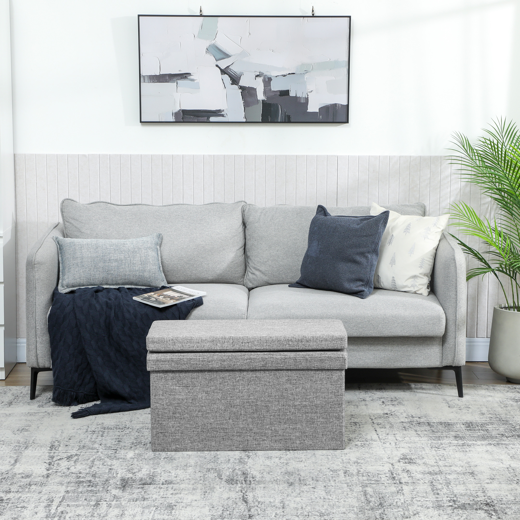  Banca Pliabila cu Spatar si Compartiment de 77L, Acoperire din tesatura, 76x50x73 cm, Gri [6]