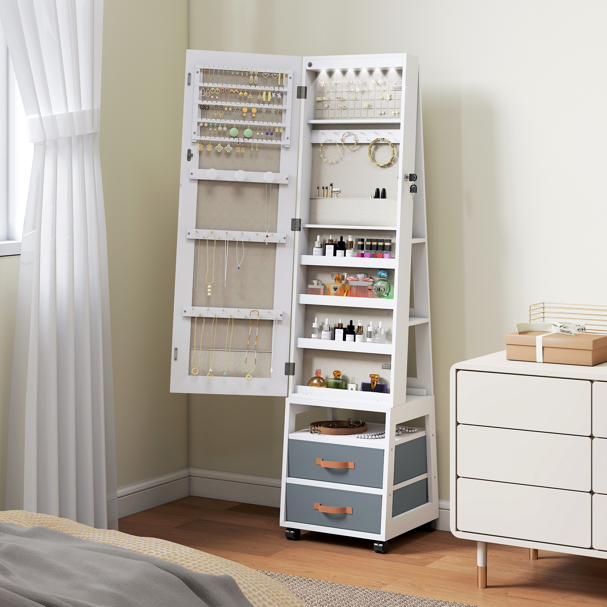 HOMCOM Schmuckschrank mit LED-Innenbeleuchtung, Rollen, Ganzkörperspiegel, günstig online kaufen