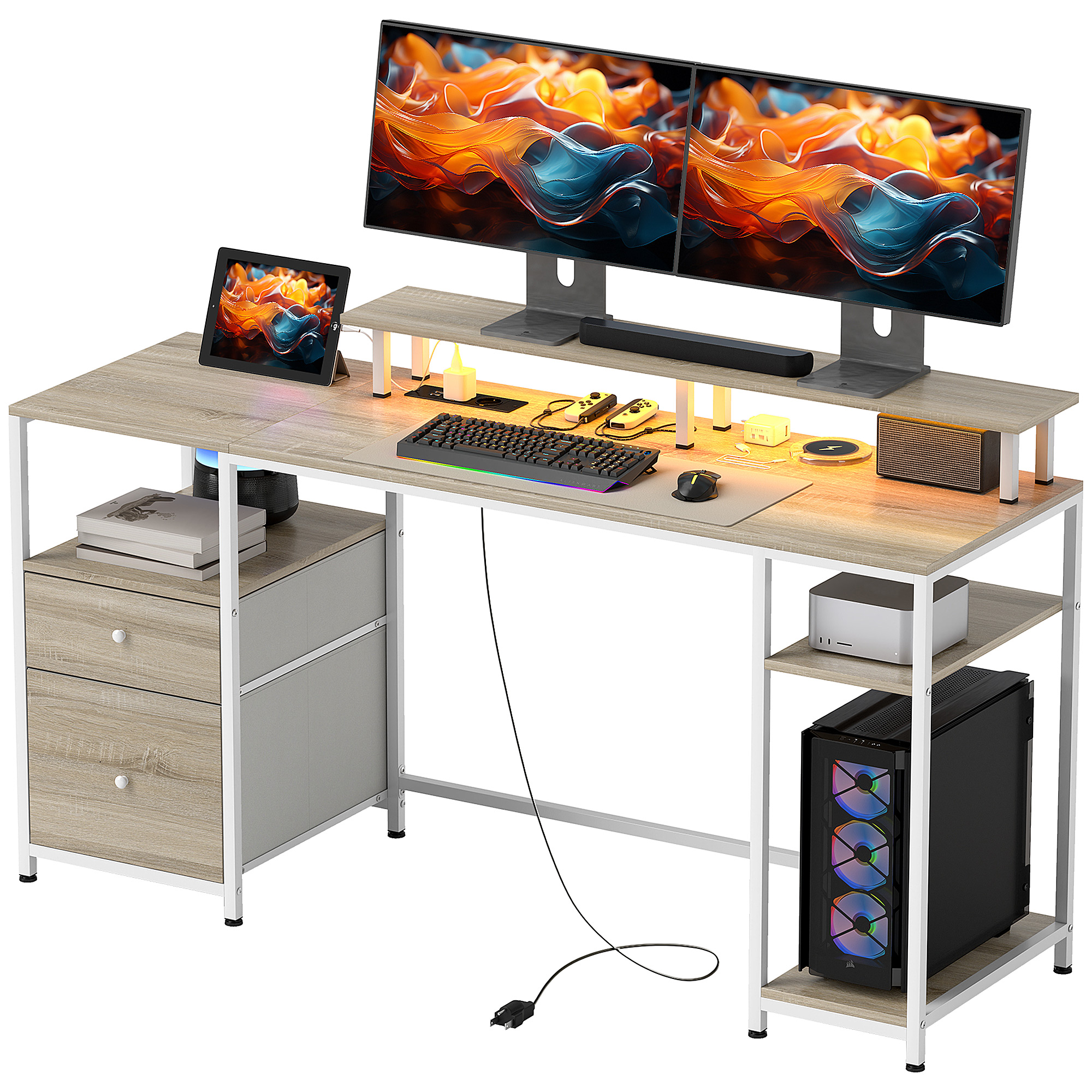 HOMCOM Bureau d'ordinateur bureau lumières LED réglables 2 prises ports USB tiroirs étagères 155,5x48x88,5cm effet bois naturel
